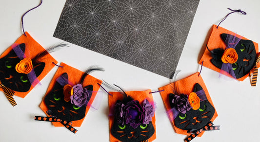 Halloween Cat Flag Pennant Banner with Felt Flowers Garland Bunting Wall Hanging for Decoration