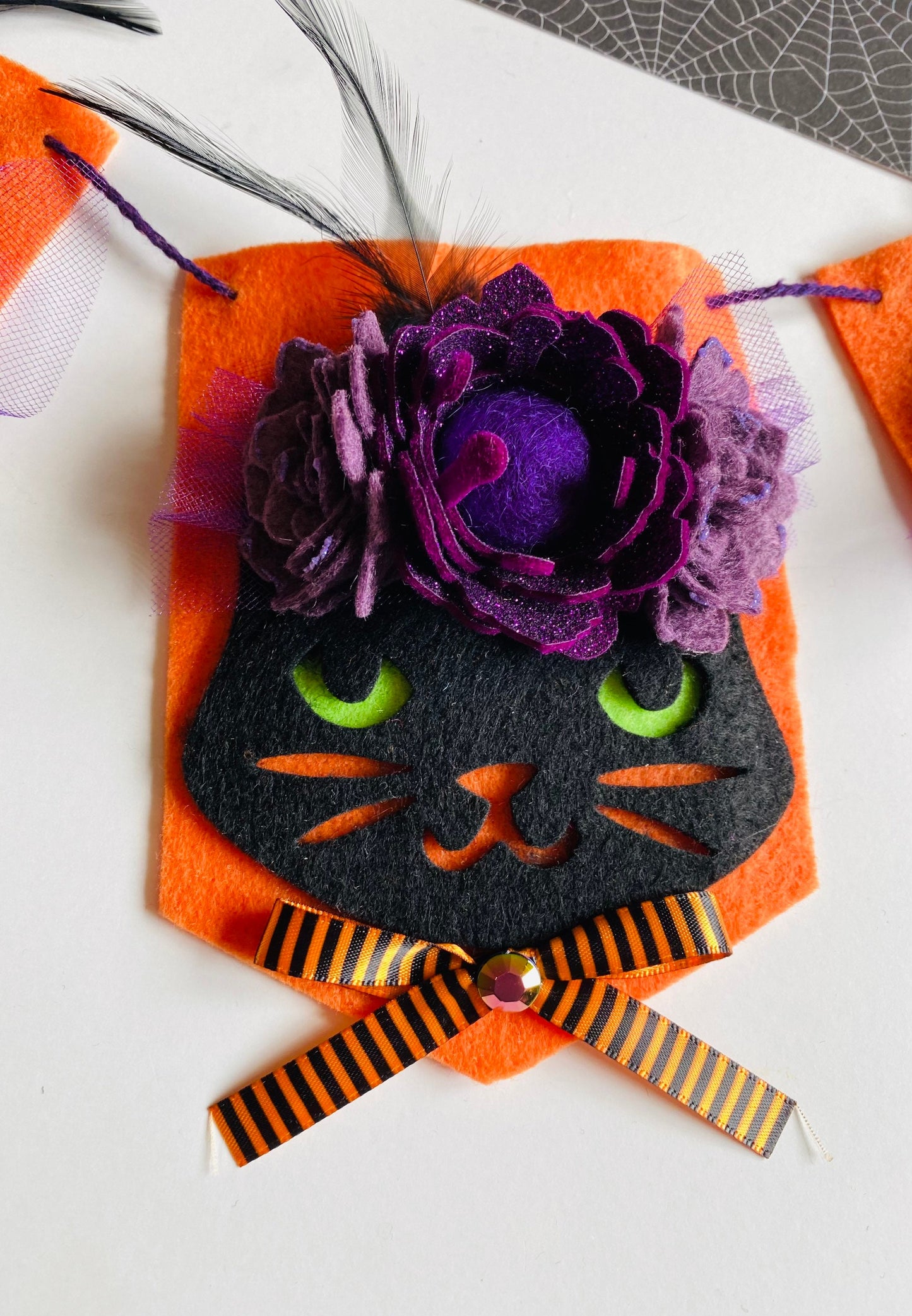 Halloween Cat Flag Pennant Banner with Felt Flowers Garland Bunting Wall Hanging for Decoration