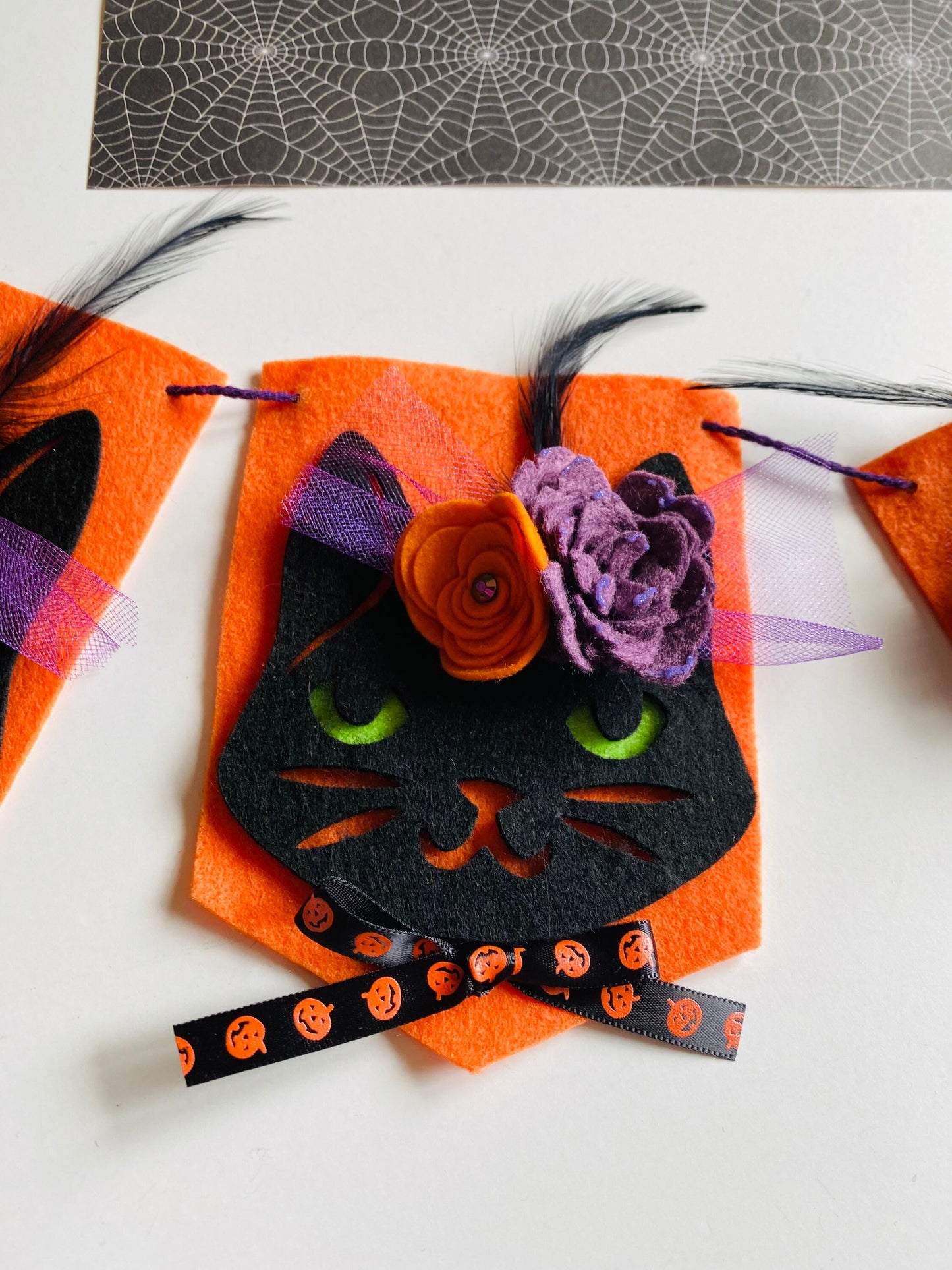 Halloween Cat Flag Pennant Banner with Felt Flowers Garland Bunting Wall Hanging for Decoration