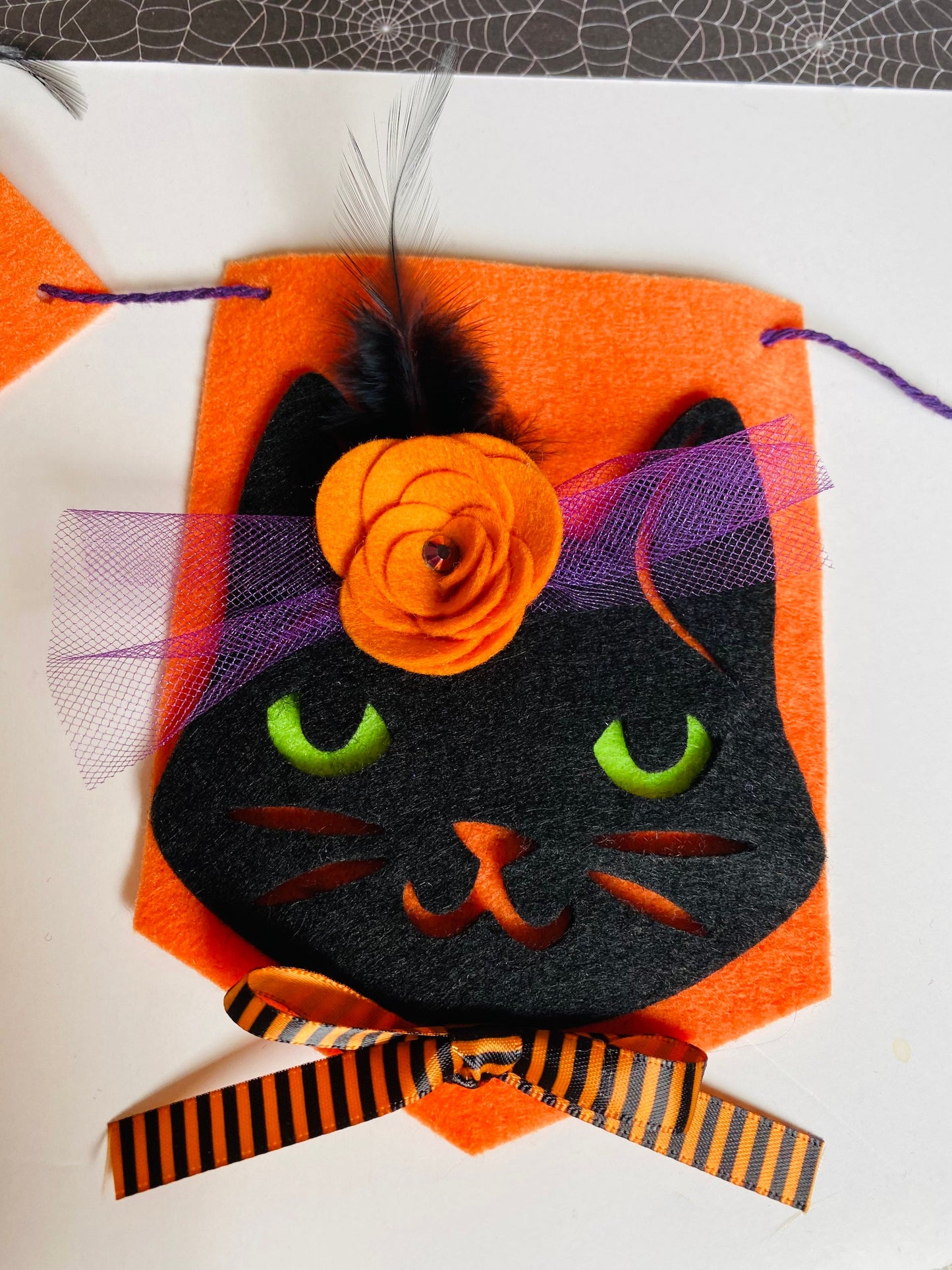 Halloween Cat Flag Pennant Banner with Felt Flowers Garland Bunting Wall Hanging for Decoration