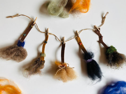 Felted Witch’s Brooms Miniature Clothesline Banner Garland Bunting Wall Hanging Decoration for Halloween