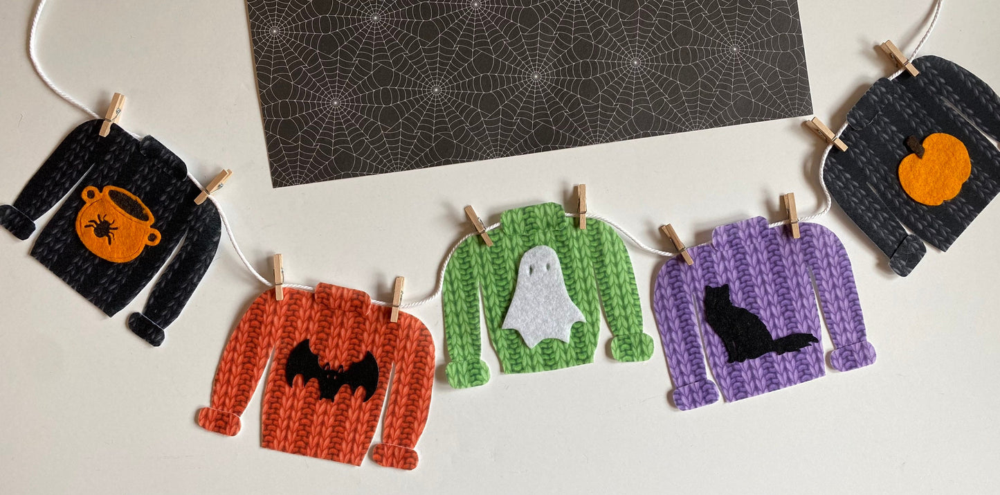 Halloween Sweater Miniature Clothesline Banner Felt Garland Bunting Wall Hanging Decoration with Cauldron, Spider, Bat, Ghost, Cat & Pumpkin