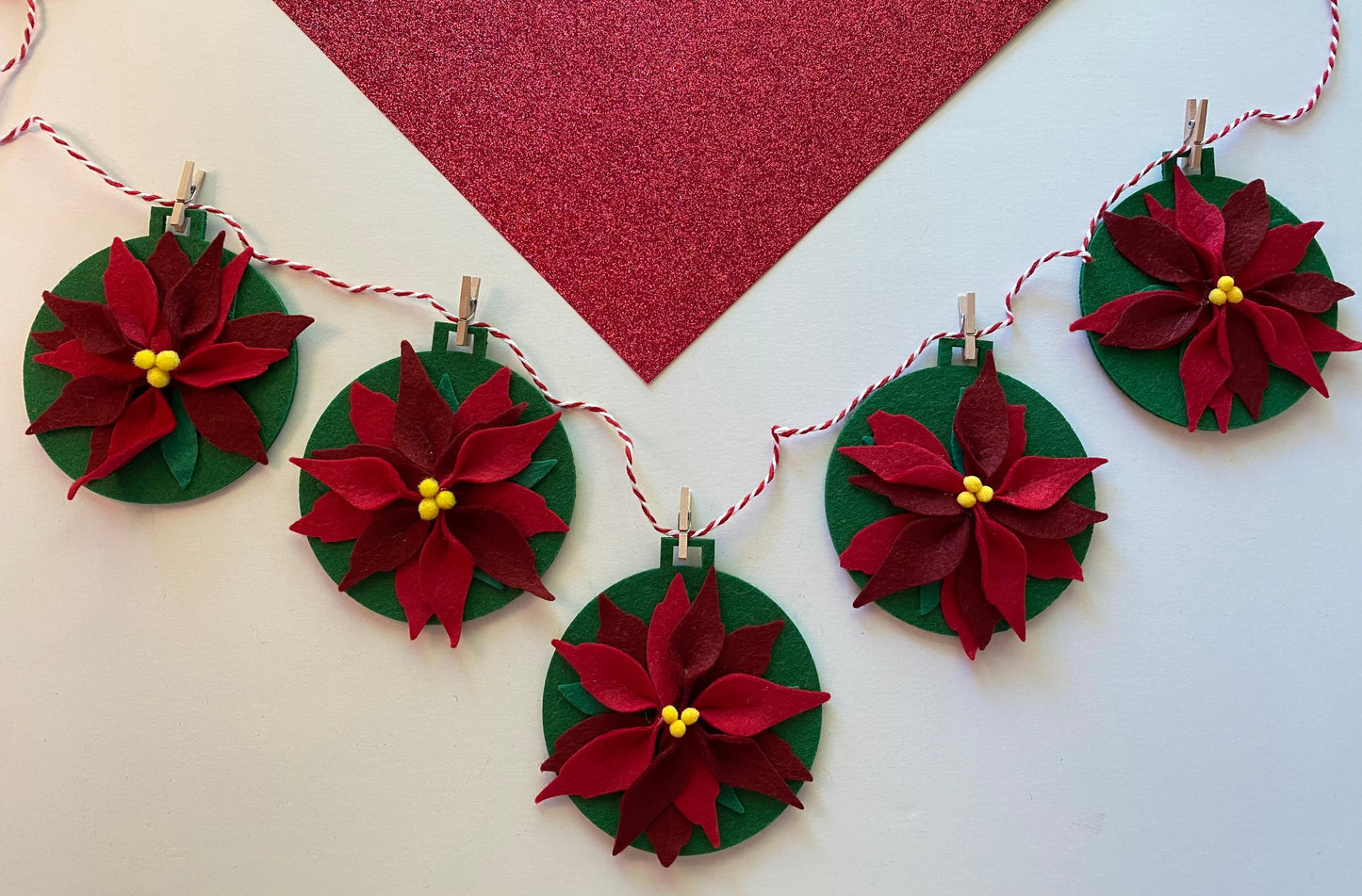 Felt Poinsettia Flower Christmas Holiday Ornament Garland Banner Bunting Wall Hanging Decoration for December