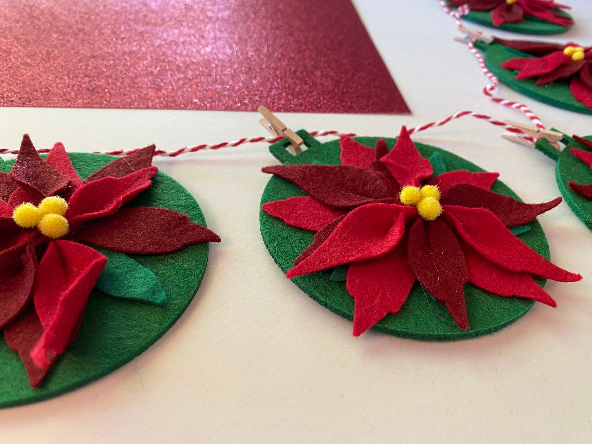 Felt Poinsettia Flower Christmas Holiday Ornament Garland Banner Bunting Wall Hanging Decoration for December