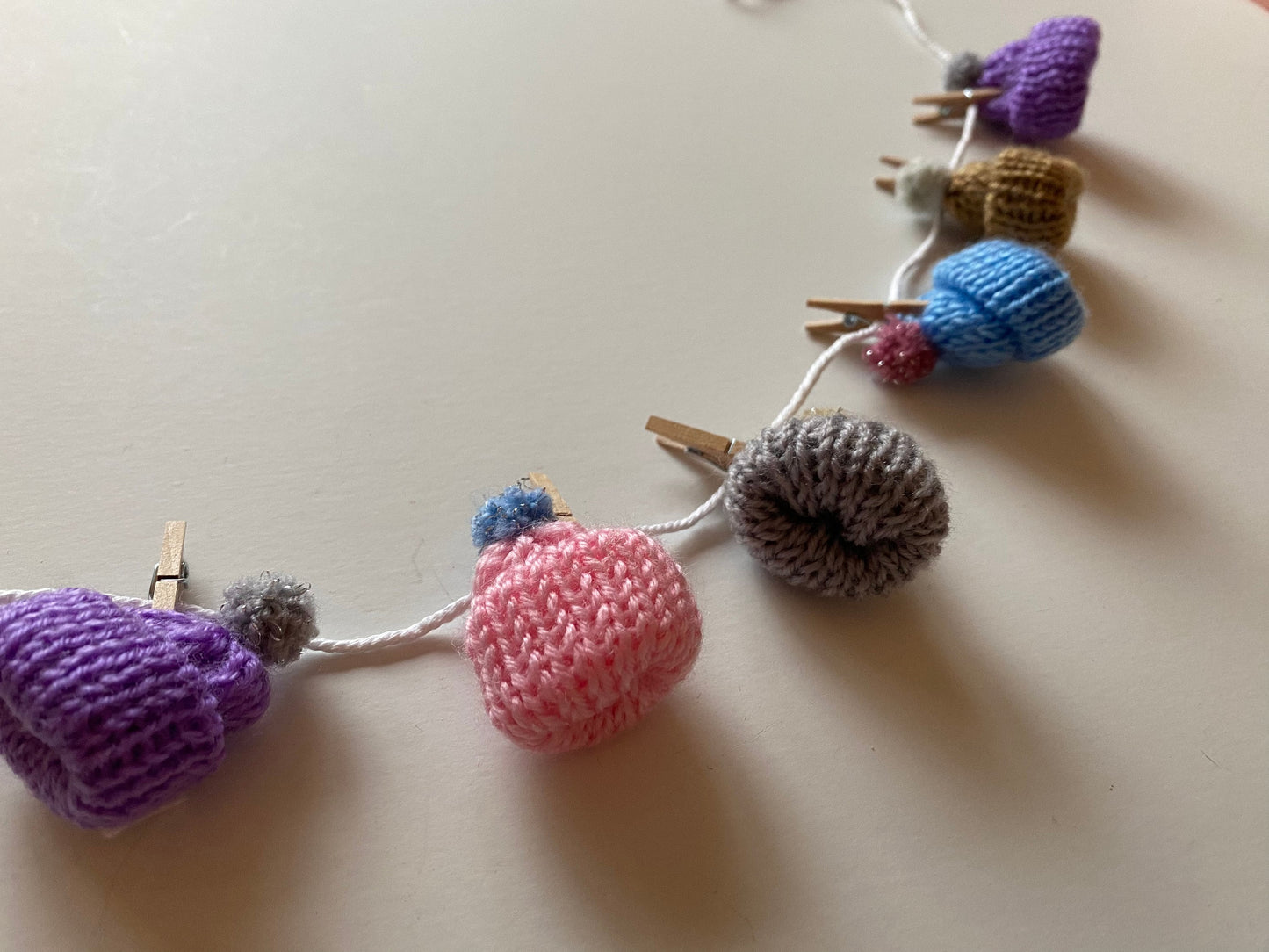 Miniature Winter Hat Banner January Garland Snowy Hats with Pom Poms for Fireplace Mantel Decoration or Tiered Trays