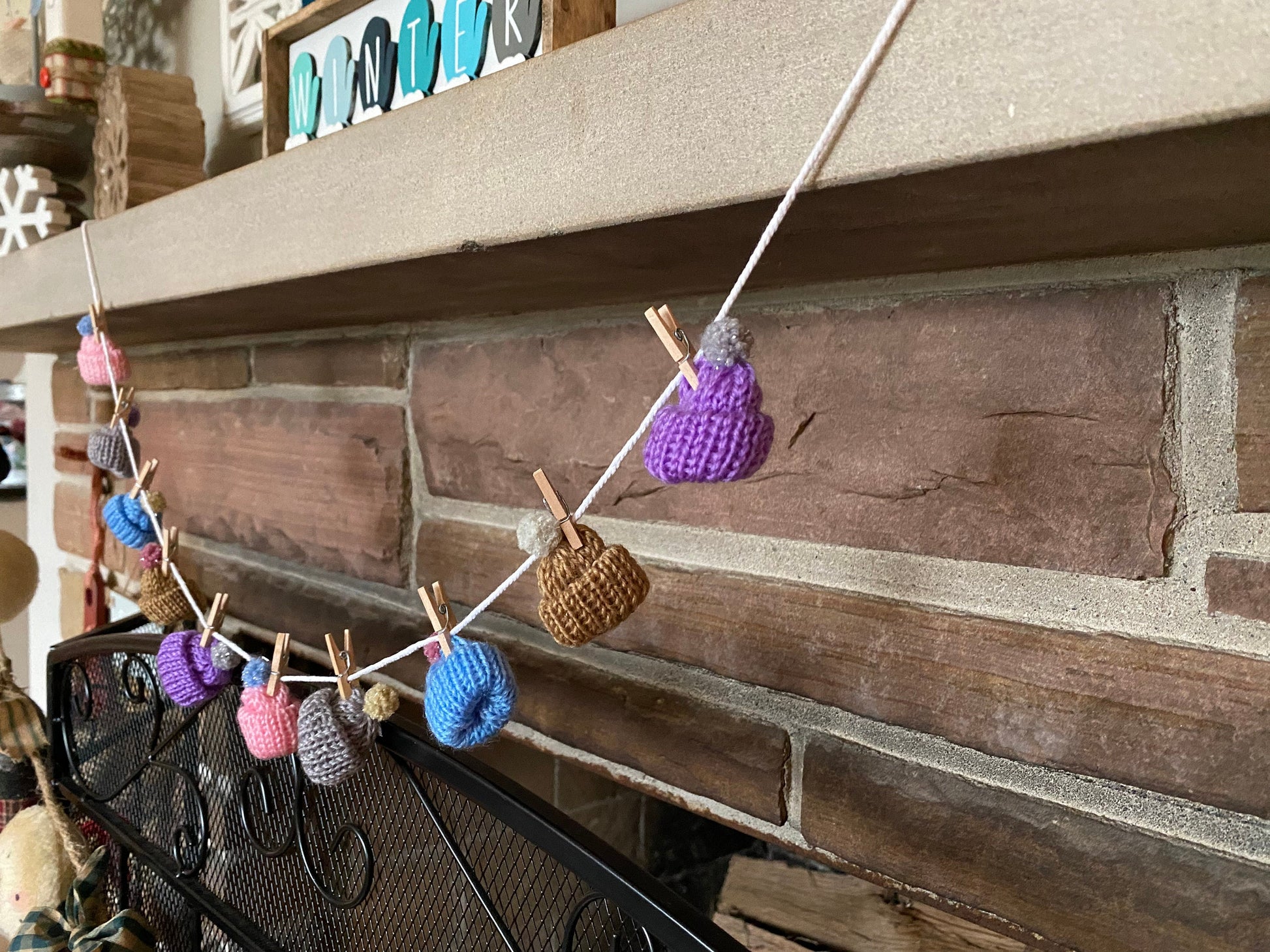 Miniature Winter Hat Banner January Garland Snowy Hats with Pom Poms for Fireplace Mantel Decoration or Tiered Trays