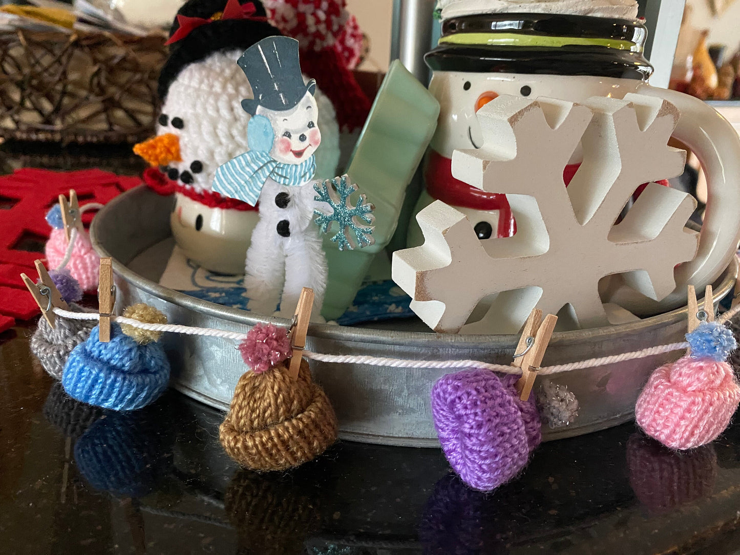 Miniature Winter Hat Banner January Garland Snowy Hats with Pom Poms for Fireplace Mantel Decoration or Tiered Trays