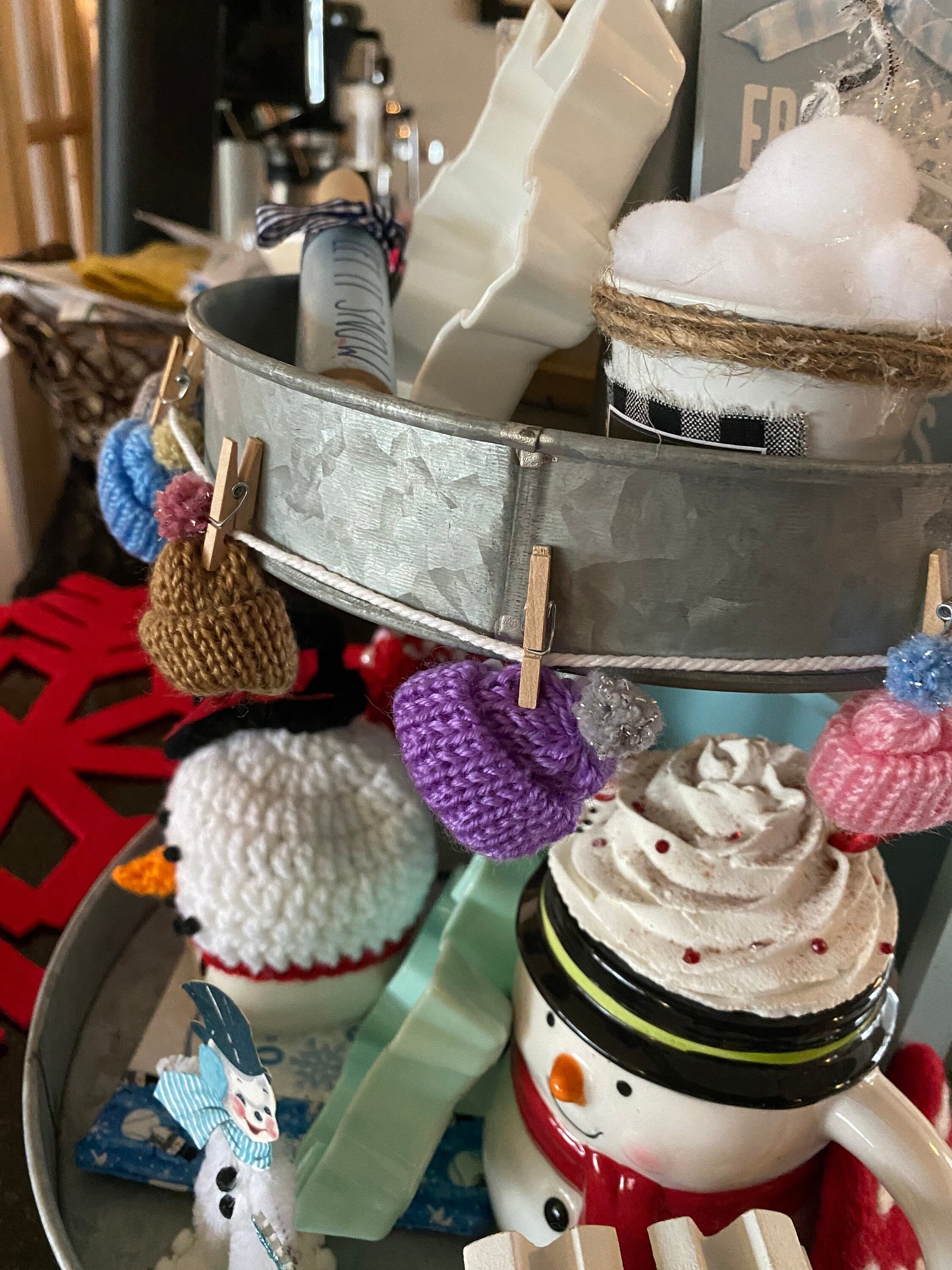 Miniature Winter Hat Banner January Garland Snowy Hats with Pom Poms for Fireplace Mantel Decoration or Tiered Trays