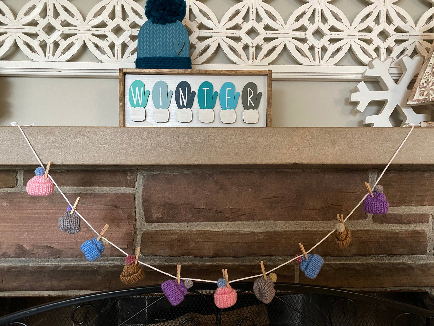 Miniature Winter Hat Banner January Garland Snowy Hats with Pom Poms for Fireplace Mantel Decoration or Tiered Trays