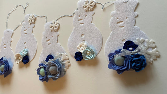 Snowman with Felt Flowers Banner for Winter, January Garland Home Decoration