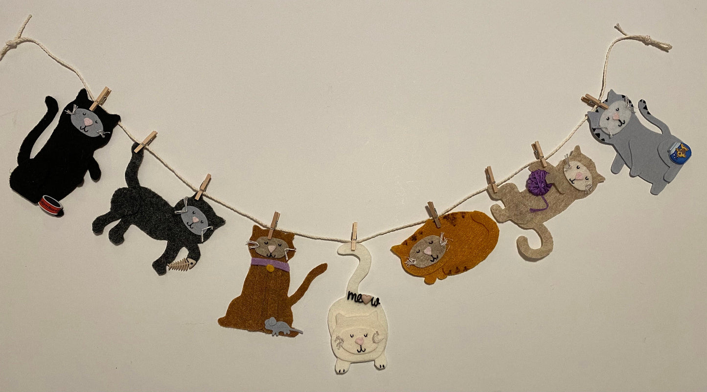 Cat Banner, Miniature Felt Kitten Garland, Feline Wall Hanging Decoration