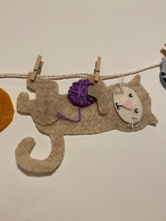 Cat Banner, Miniature Felt Kitten Garland, Feline Wall Hanging Decoration