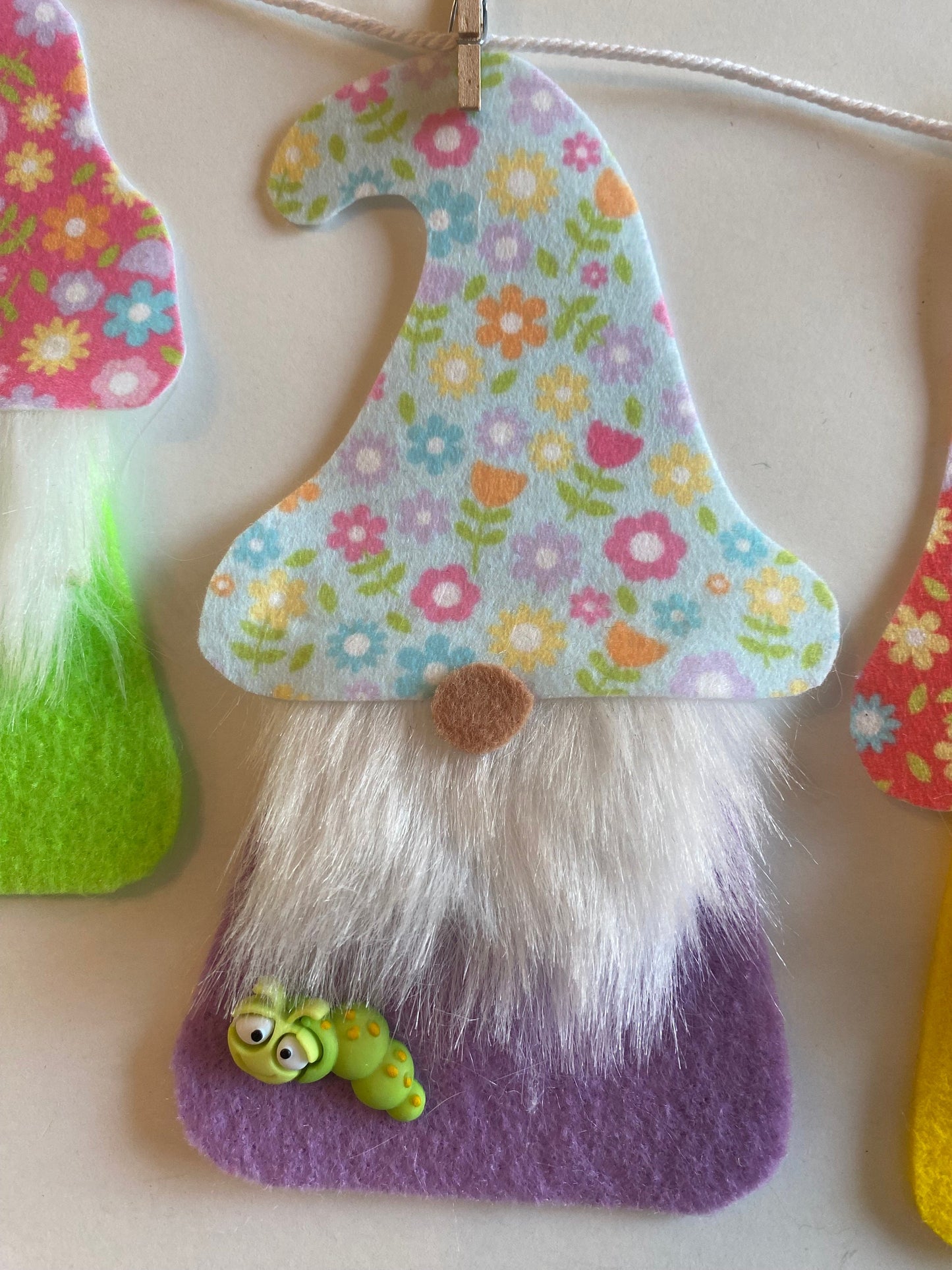 Spring Gnome Banner, Felt Floral themed garland, May flowers bunting with bugs, insects, and deer wall hanging decoration