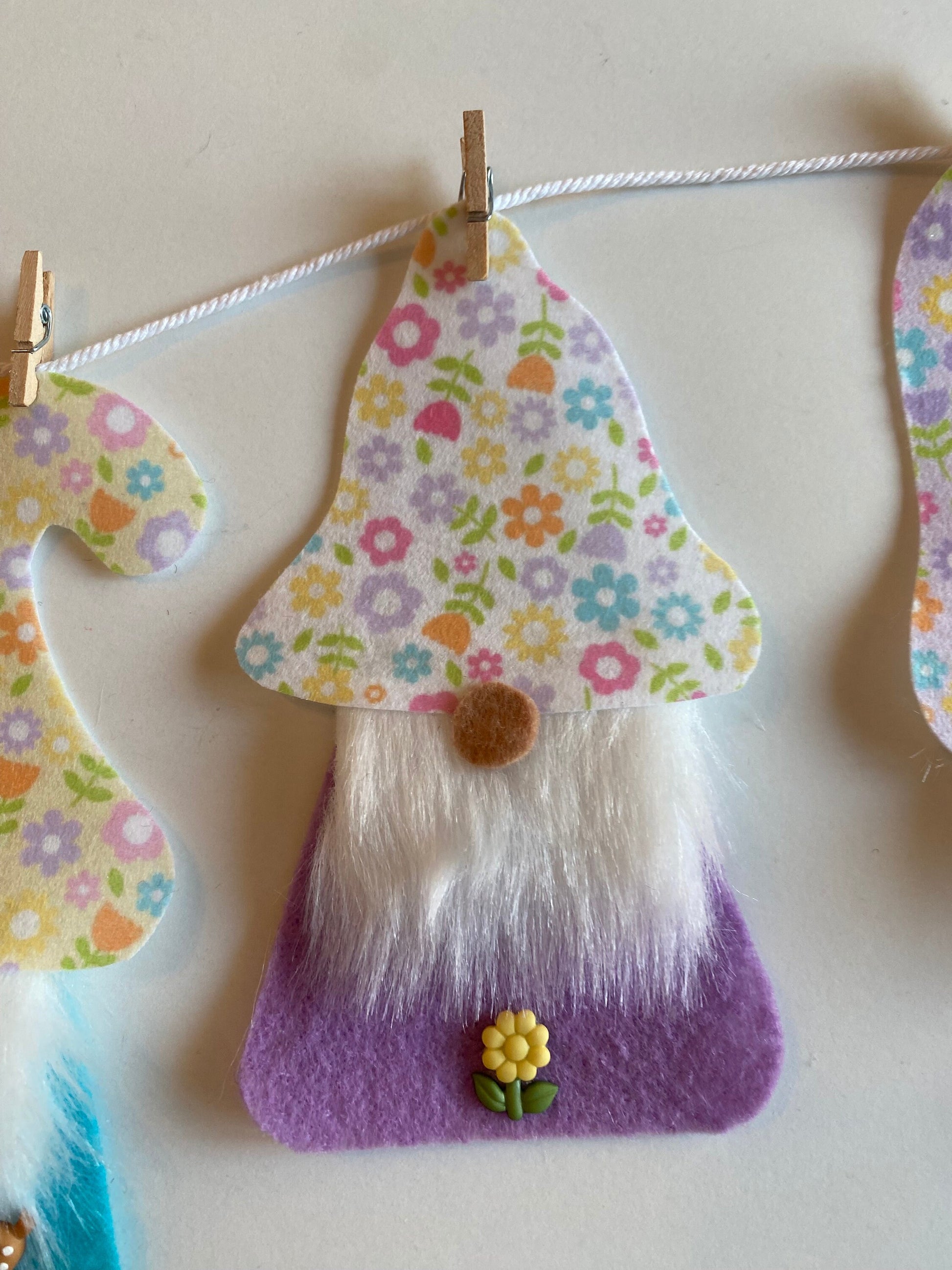 Spring Gnome Banner, Felt Floral themed garland, May flowers bunting with bugs, insects, and deer wall hanging decoration