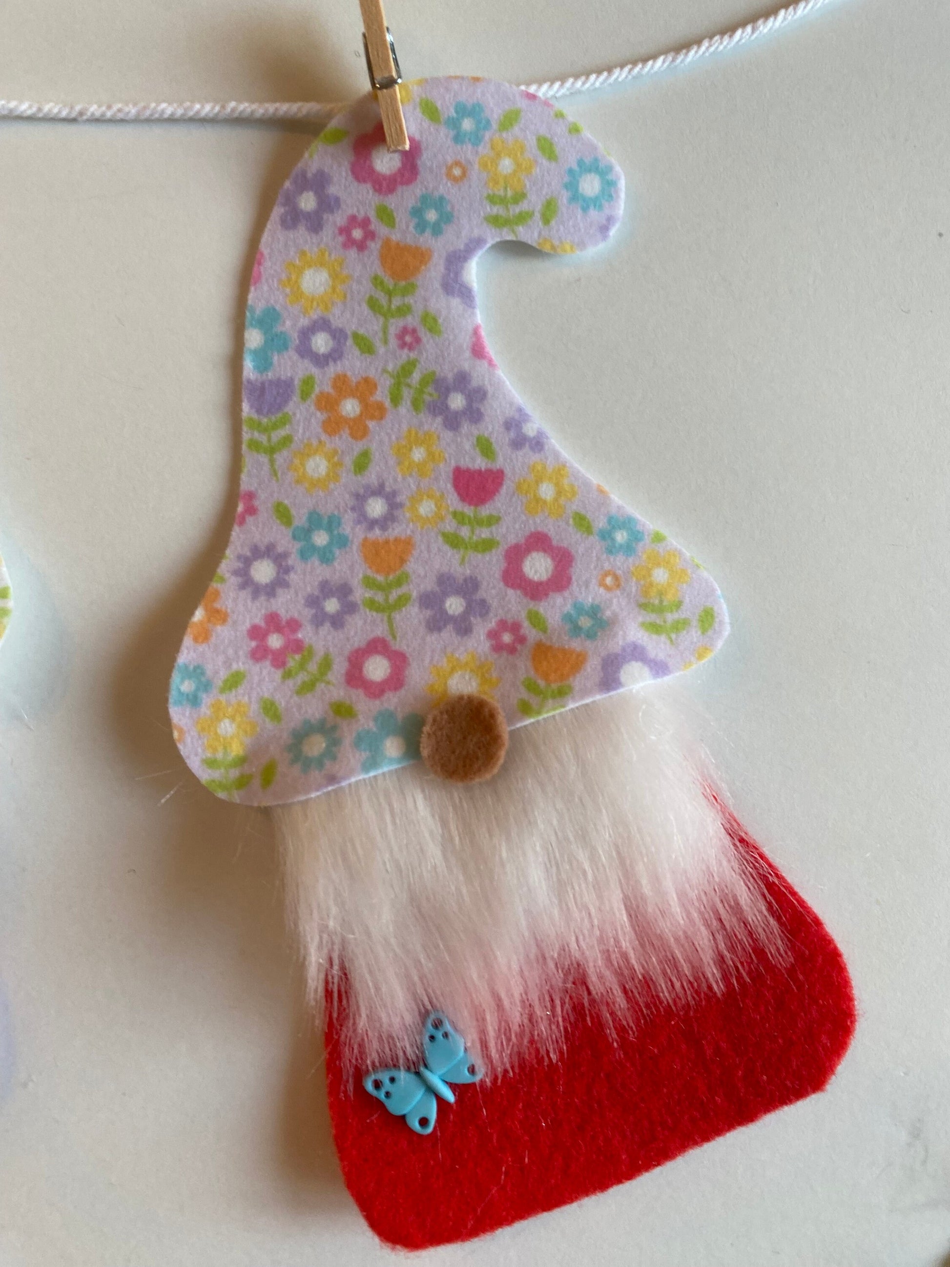 Spring Gnome Banner, Felt Floral themed garland, May flowers bunting with bugs, insects, and deer wall hanging decoration