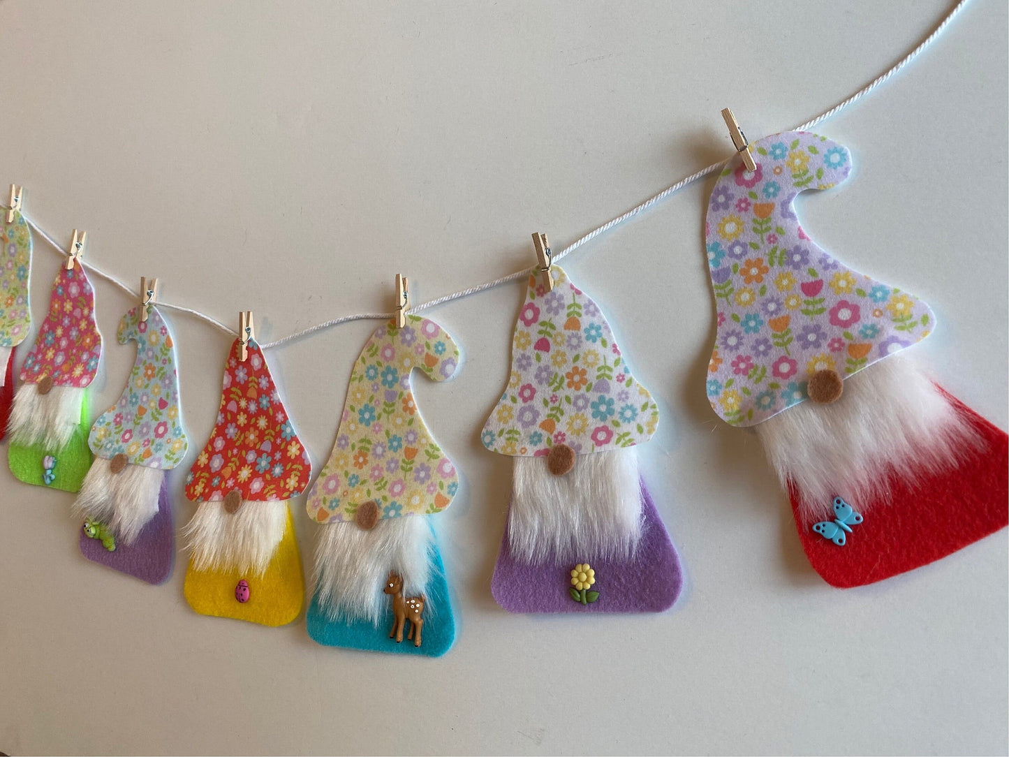 Spring Gnome Banner, Felt Floral themed garland, May flowers bunting with bugs, insects, and deer wall hanging decoration