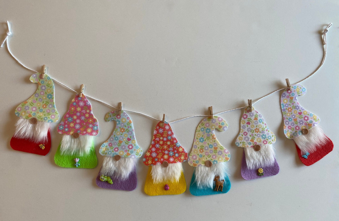 Spring Gnome Banner, Felt Floral themed garland, May flowers bunting with bugs, insects, and deer wall hanging decoration