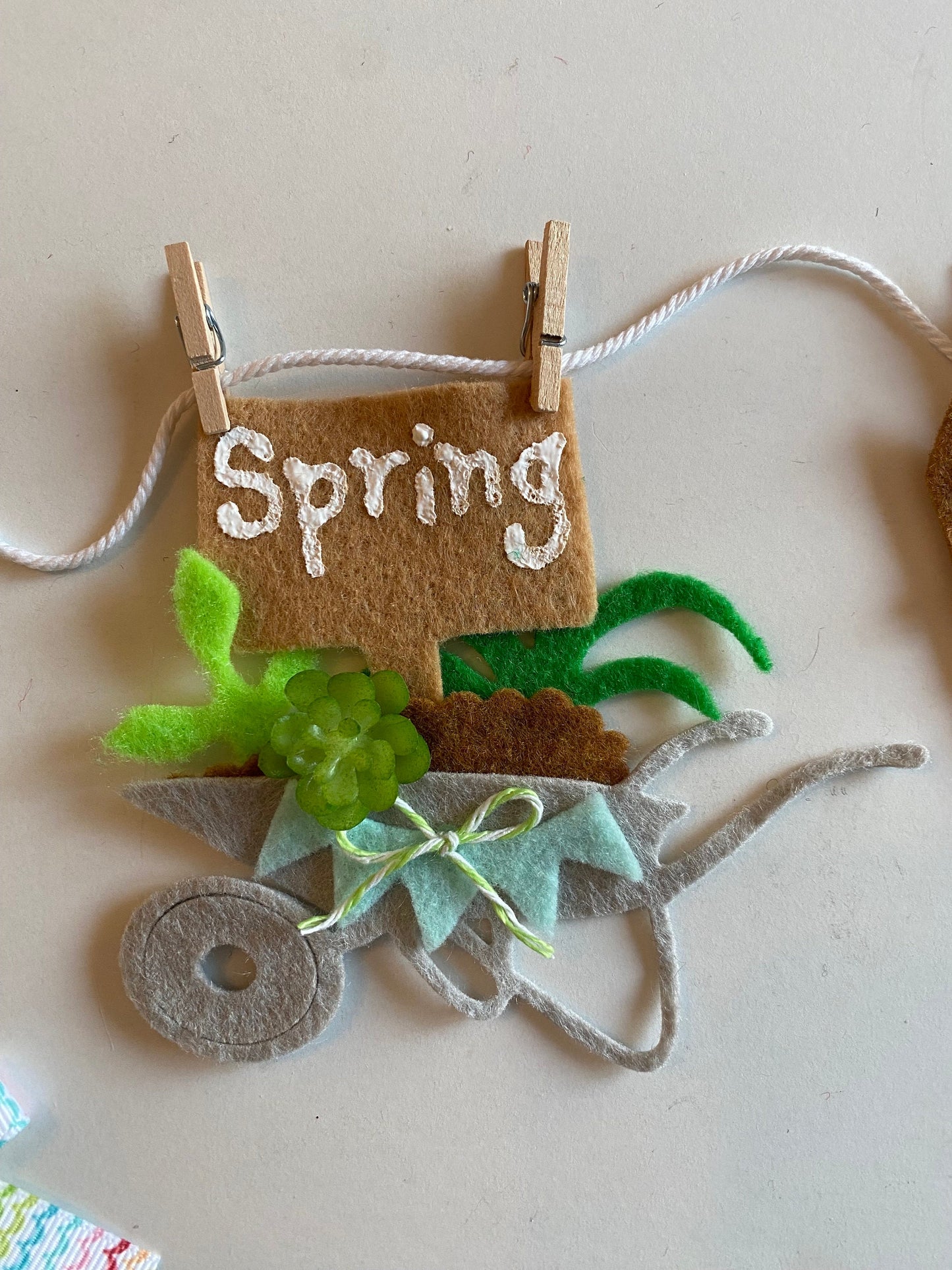 Spring Seasonal Banner, Miniature Felt Garland Bunting, Gardening Wheelbarrow Wall Hanging, Mushroom Flag Pennant Decoration