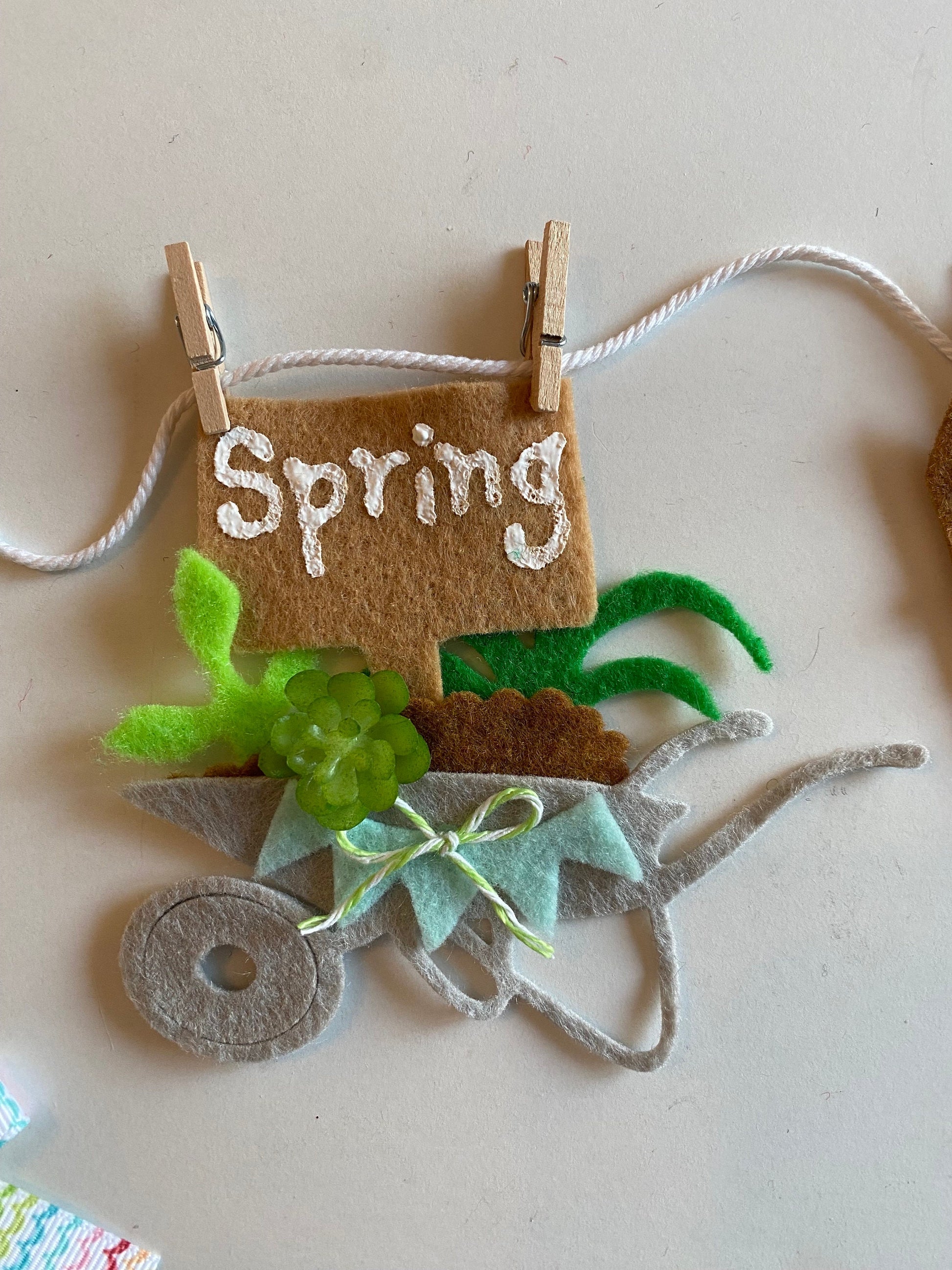 Spring Seasonal Banner, Miniature Felt Garland Bunting, Gardening Wheelbarrow Wall Hanging, Mushroom Flag Pennant Decoration