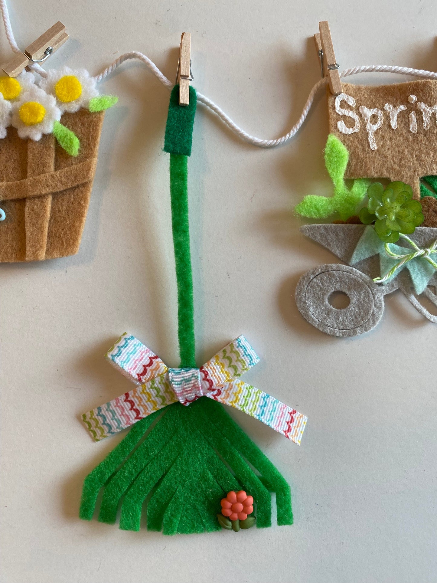 Spring Seasonal Banner, Miniature Felt Garland Bunting, Gardening Wheelbarrow Wall Hanging, Mushroom Flag Pennant Decoration