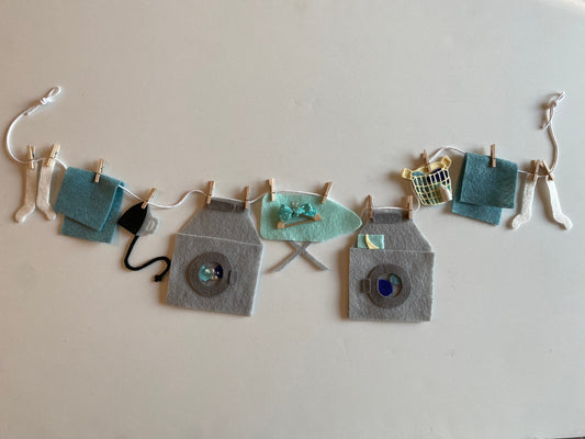 Laundry Room Miniature Felt Banner, Washing Machine Garland, Laundry Day Bunting, Wall Hanging, Decoration with Hanger, Detergent, and Iron