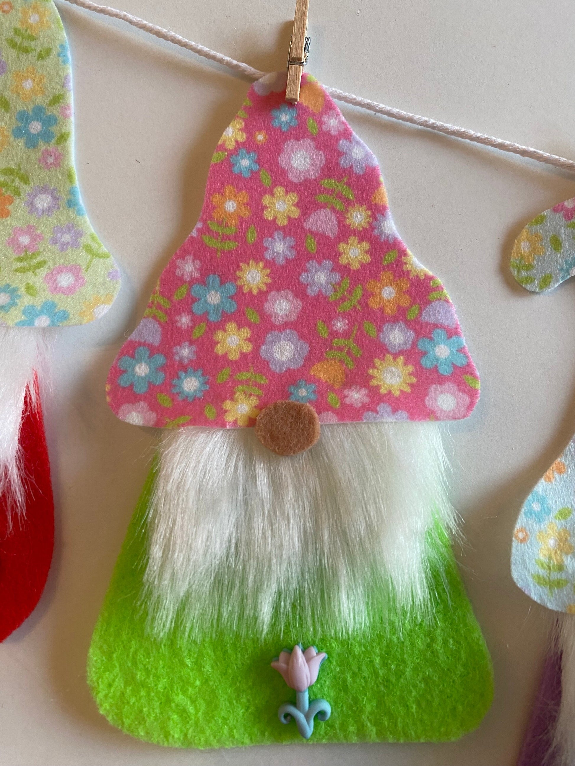 Spring Gnome Banner, Felt Floral themed garland, May flowers bunting with bugs, insects, and deer wall hanging decoration