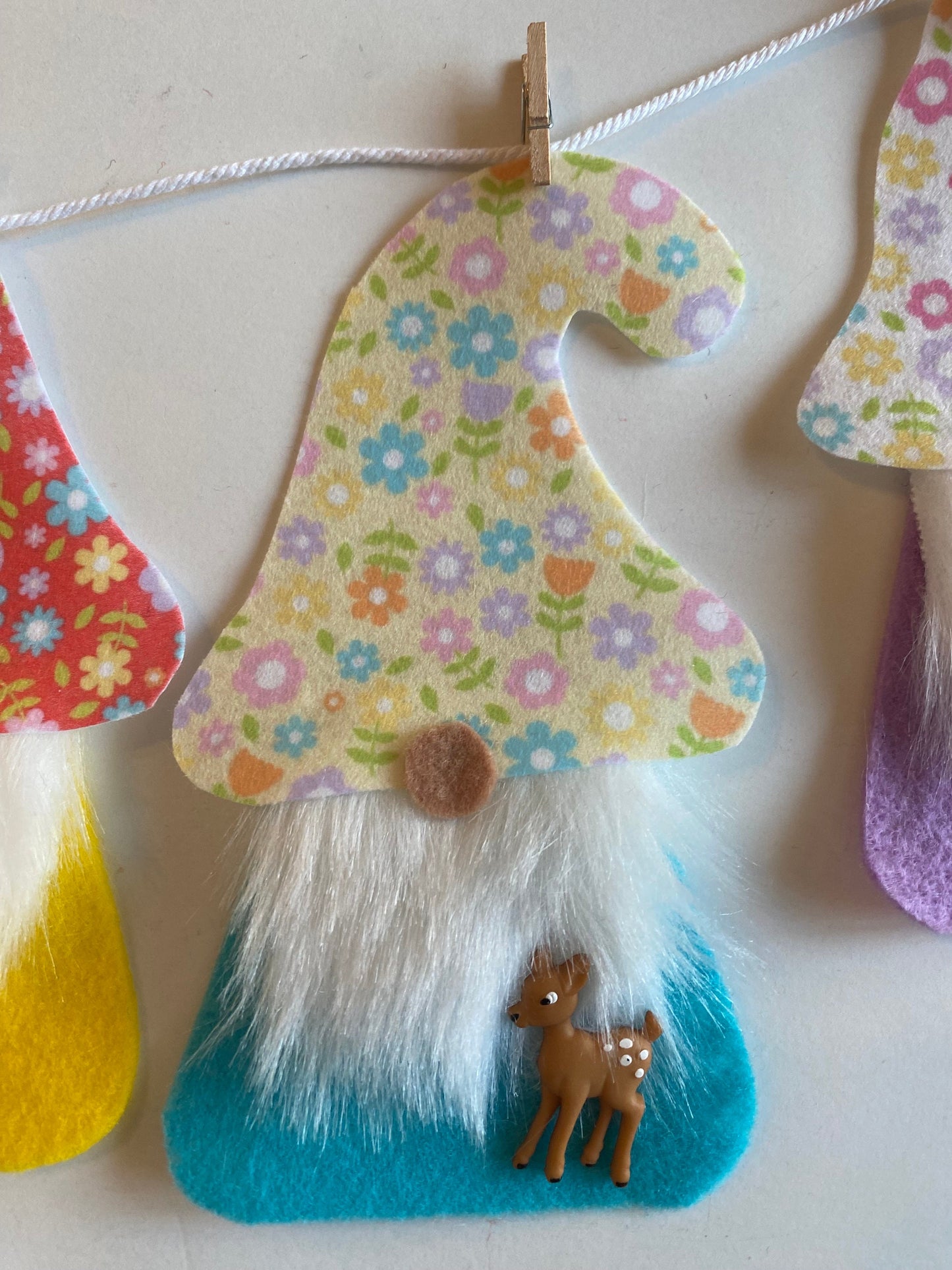 Spring Gnome Banner, Felt Floral themed garland, May flowers bunting with bugs, insects, and deer wall hanging decoration