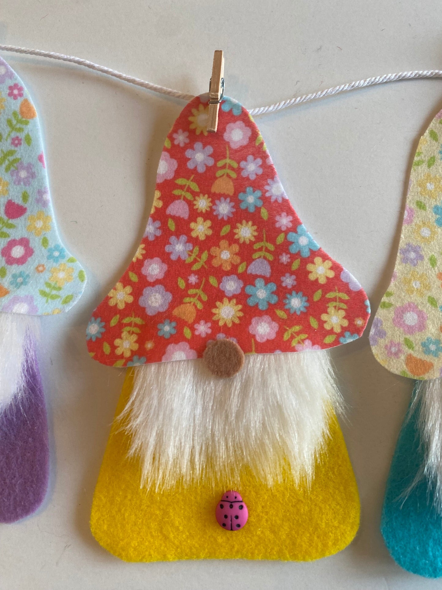 Spring Gnome Banner, Felt Floral themed garland, May flowers bunting with bugs, insects, and deer wall hanging decoration