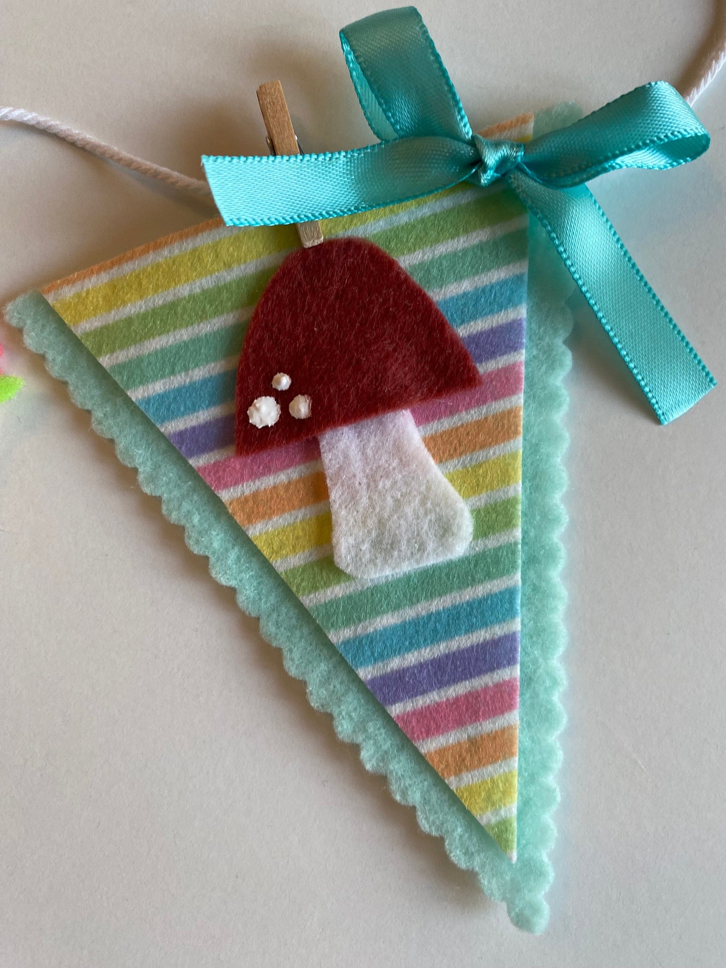 Spring Seasonal Banner, Miniature Felt Garland Bunting, Gardening Wheelbarrow Wall Hanging, Mushroom Flag Pennant Decoration