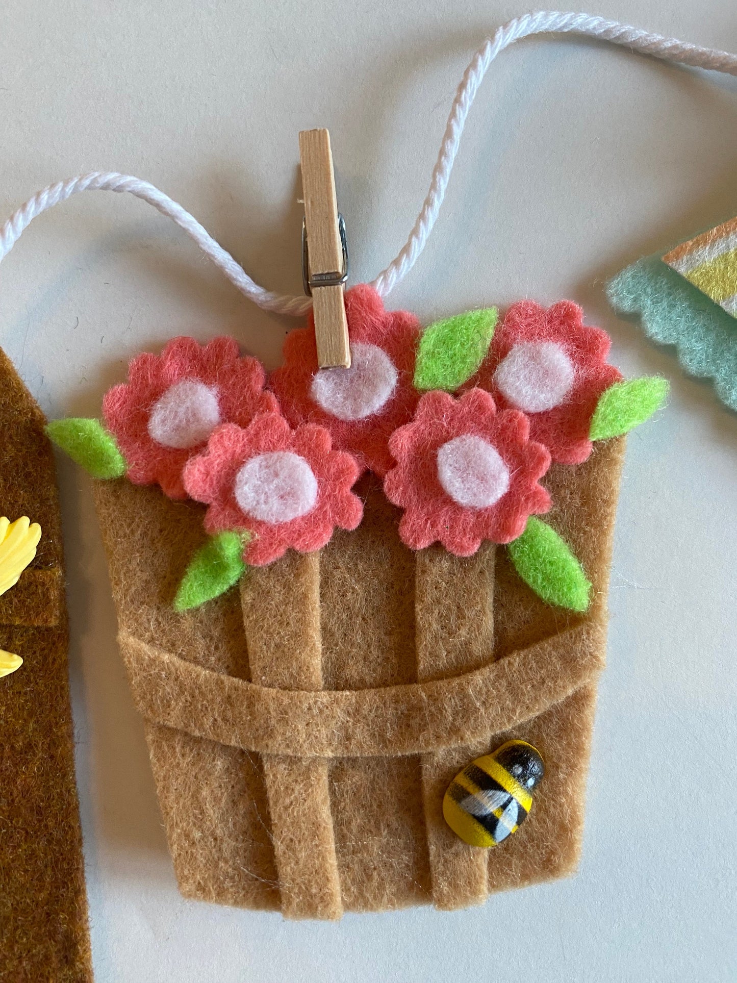 Spring Seasonal Banner, Miniature Felt Garland Bunting, Gardening Wheelbarrow Wall Hanging, Mushroom Flag Pennant Decoration