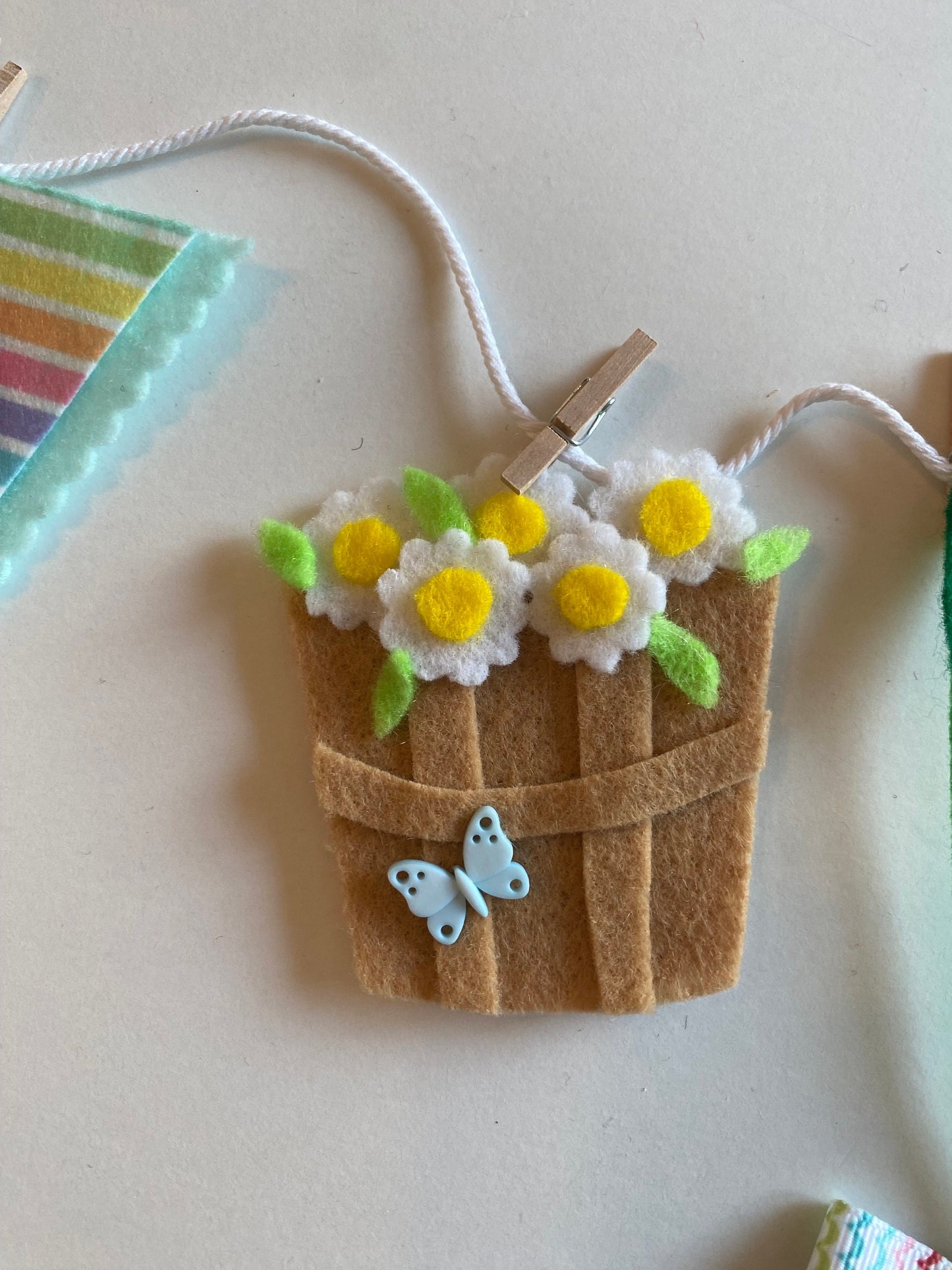 Spring Seasonal Banner, Miniature Felt Garland Bunting, Gardening Wheelbarrow Wall Hanging, Mushroom Flag Pennant Decoration
