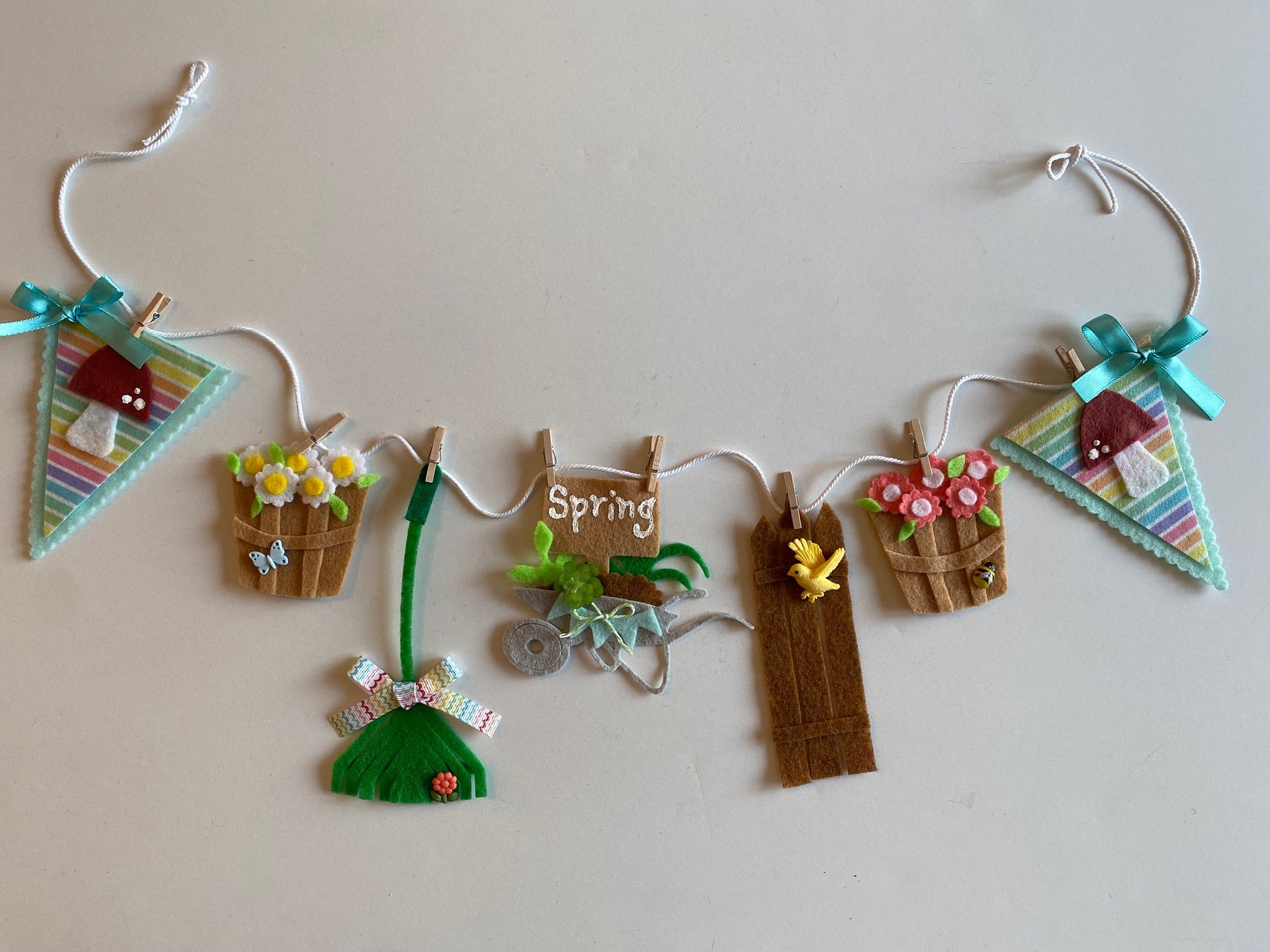 Spring Seasonal Banner, Miniature Felt Garland Bunting, Gardening Wheelbarrow Wall Hanging, Mushroom Flag Pennant Decoration