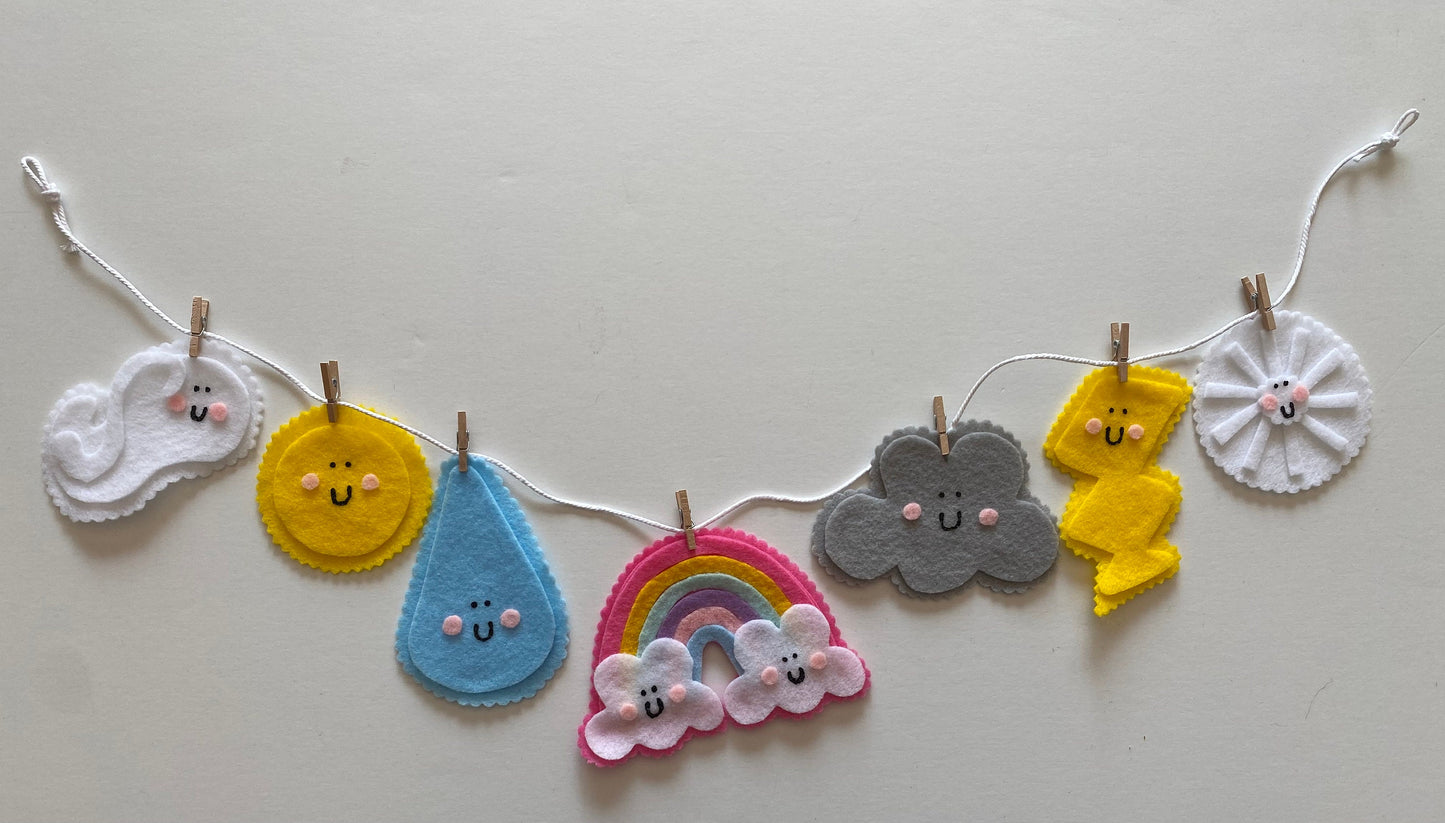 Happy Weather Felt Banner, Rainbow Garland, Cloud Bunting, Lightning Wall Hanging, Rain Home Decoration