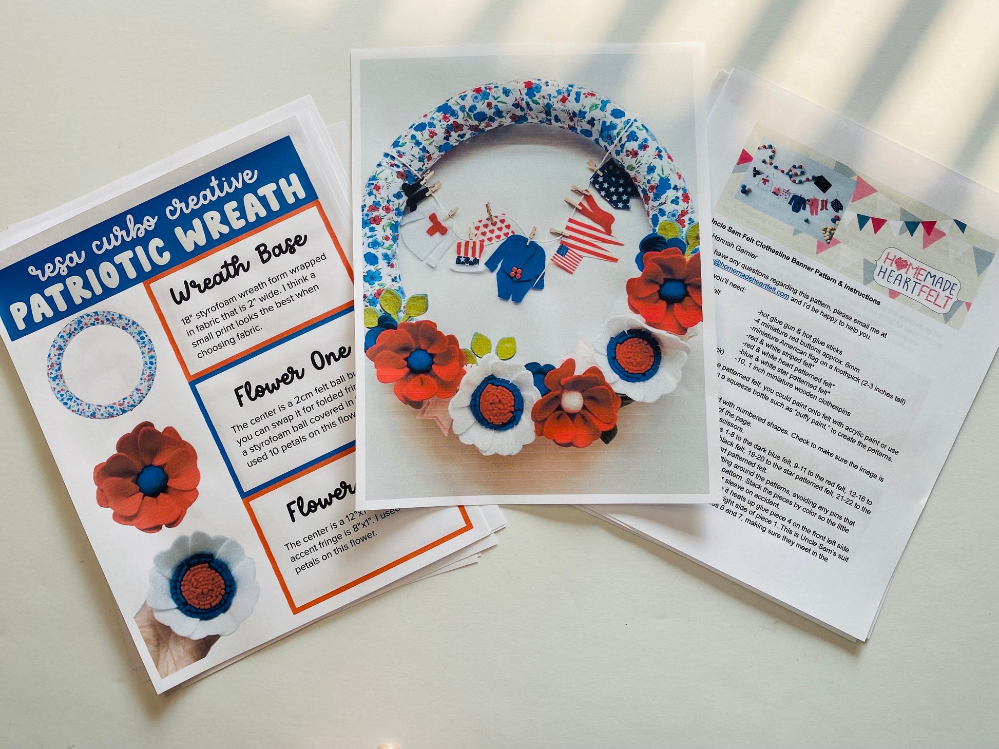 Patriotic Felt Flower Wreath and Uncle Sam Miniature Clothesline Banner Pattern