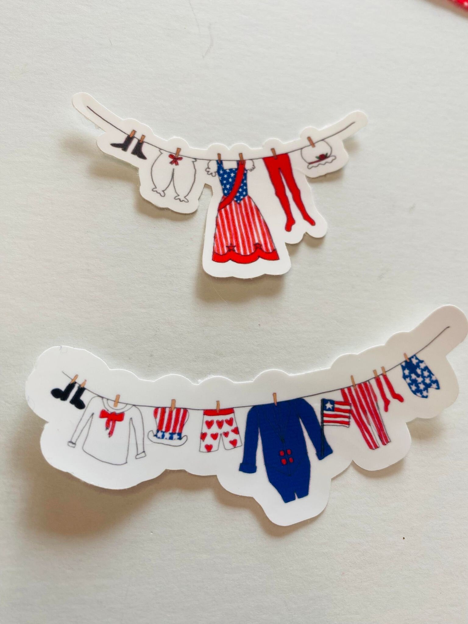 Uncle Sam's Clothesline Sticker & Patriotic Lady's Laundry Clothesline Banner Sticker for July Planners, Calendars or Cards