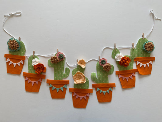 Cactus Banner with Felt Flowers, Desert Cacti Bunting, Garland, Wall Hanging, Summer Decoration
