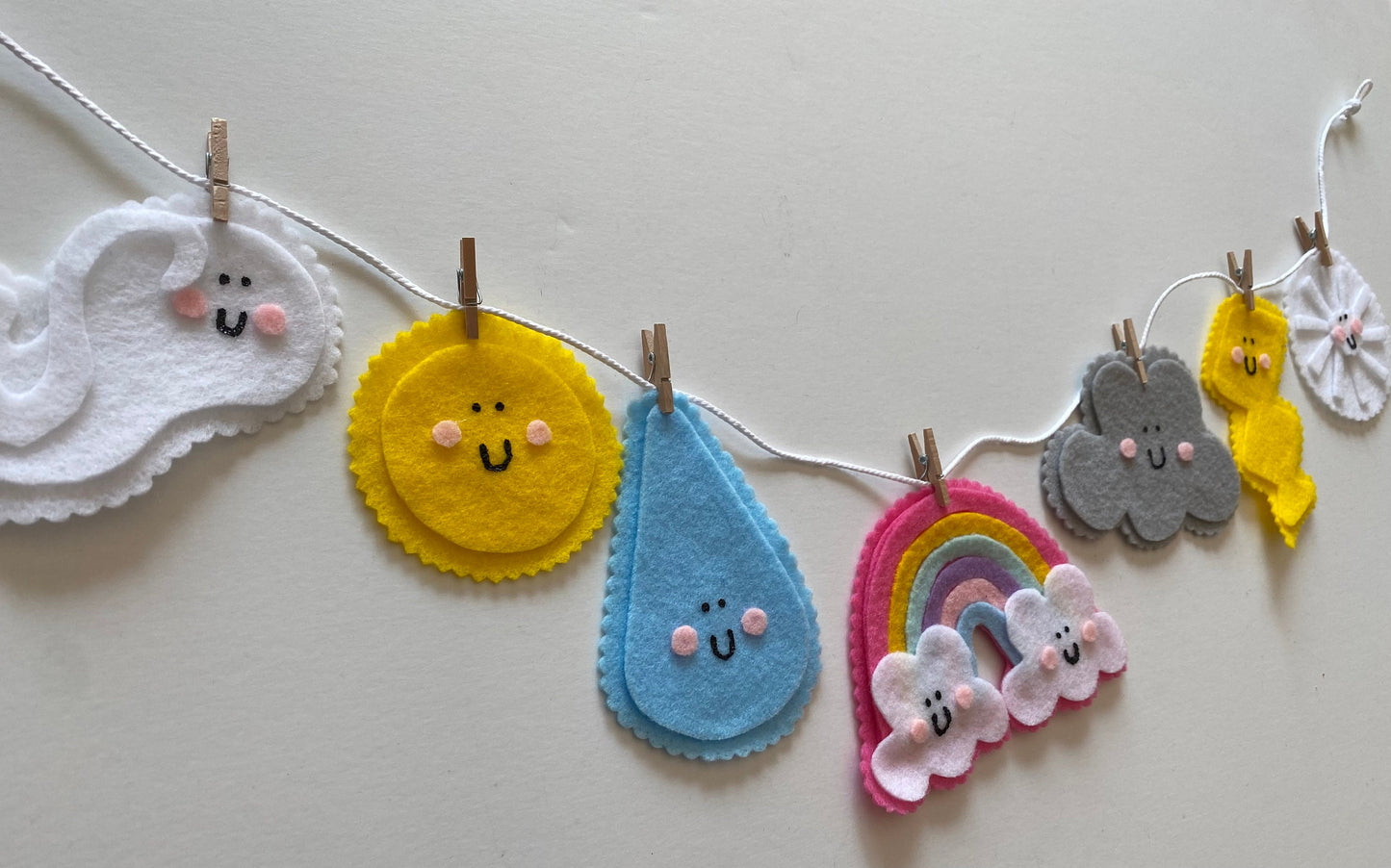 Happy Weather Felt Banner, Rainbow Garland, Cloud Bunting, Lightning Wall Hanging, Rain Home Decoration