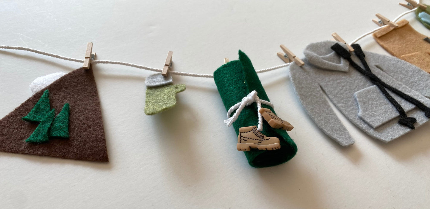 Hiker’s Gear Miniature Felt Clothesline Banner, Hiking Garland, Mountain Climbers Bunting, Outdoorsman Wall Hanging Decoration