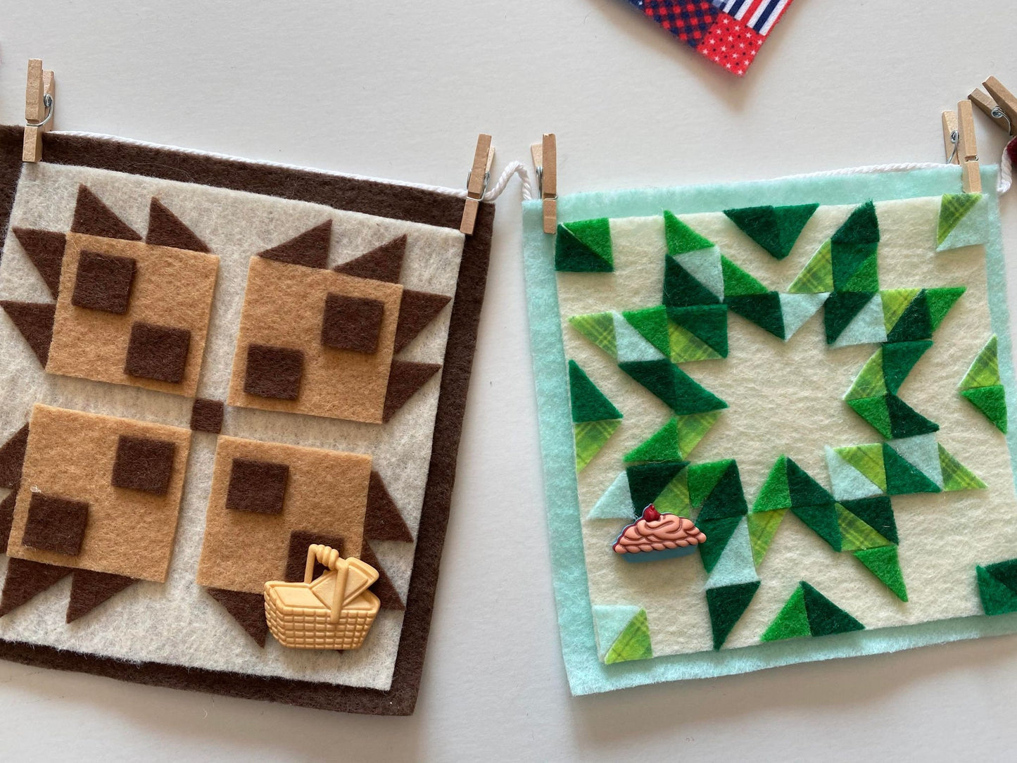 Miniature Felt Quilts Clothesline, with Birds, Picnic Basket, and Pie Garland, Quilting Banner, Wall Hanging Decoration