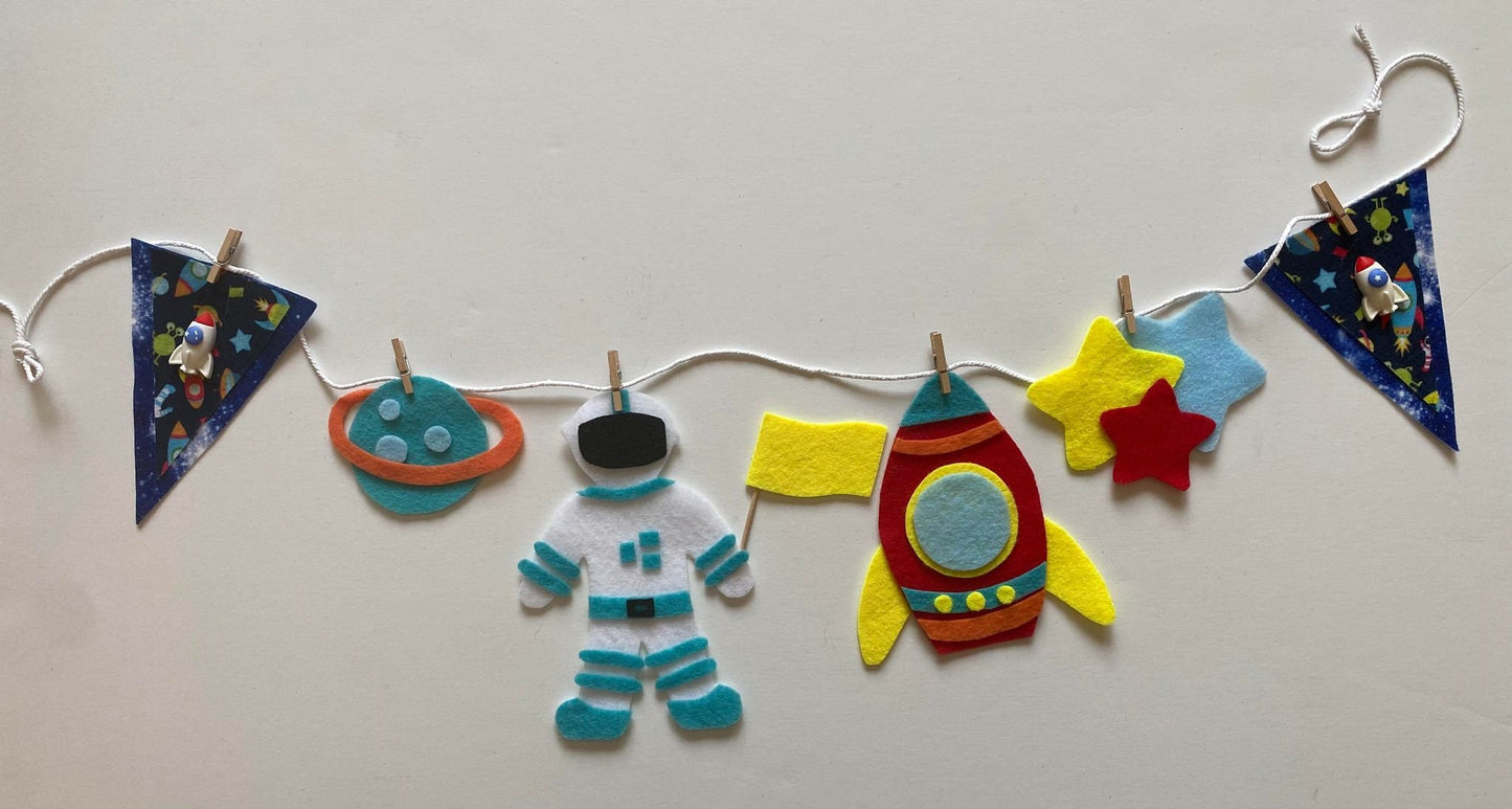 Astronaut Miniature Felt Banner, Outer Space Garland, Rocketship Bunting, Planet Themed Bedroom or Party Decoration