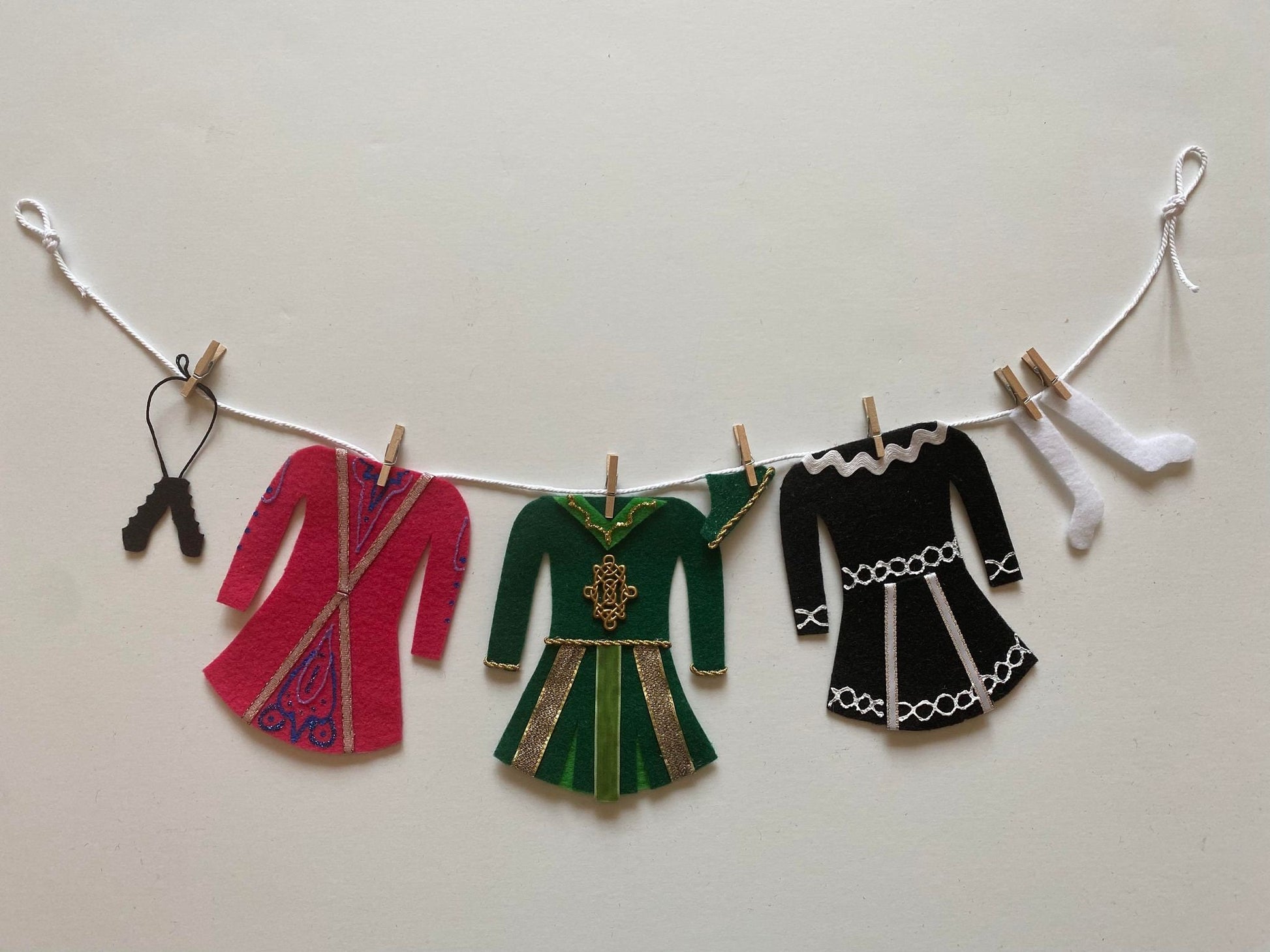 Irish Step Dancing Miniature Felt Clothesline Banner, Dancers Garland, Costume Bunting, Wall Hanging Decoration for Gift or Studio Decor