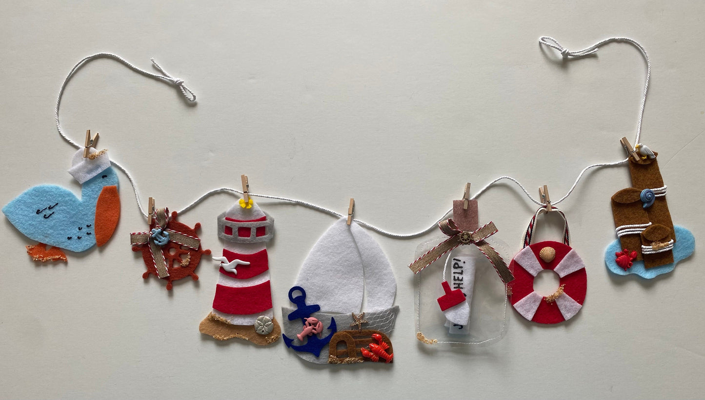 Nautical Sailboat Miniature Felt Banner, Lighthouse Garland, Anchor Bunting, Wall Hanging Decoration