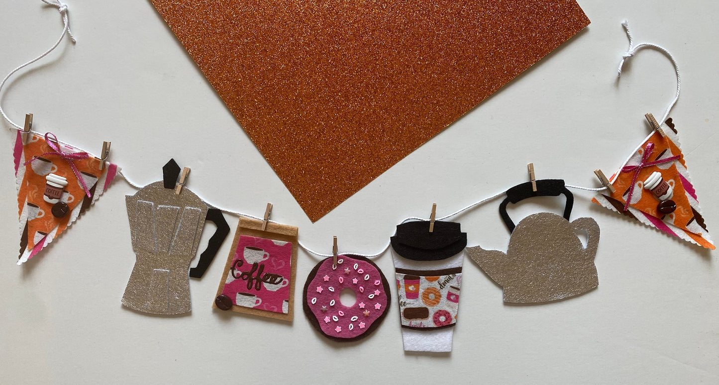 Coffee Lovers Banner, Miniature Felt Garland, Coffee Bean Bunting, Coffee Bar Wall Hanging Decoration