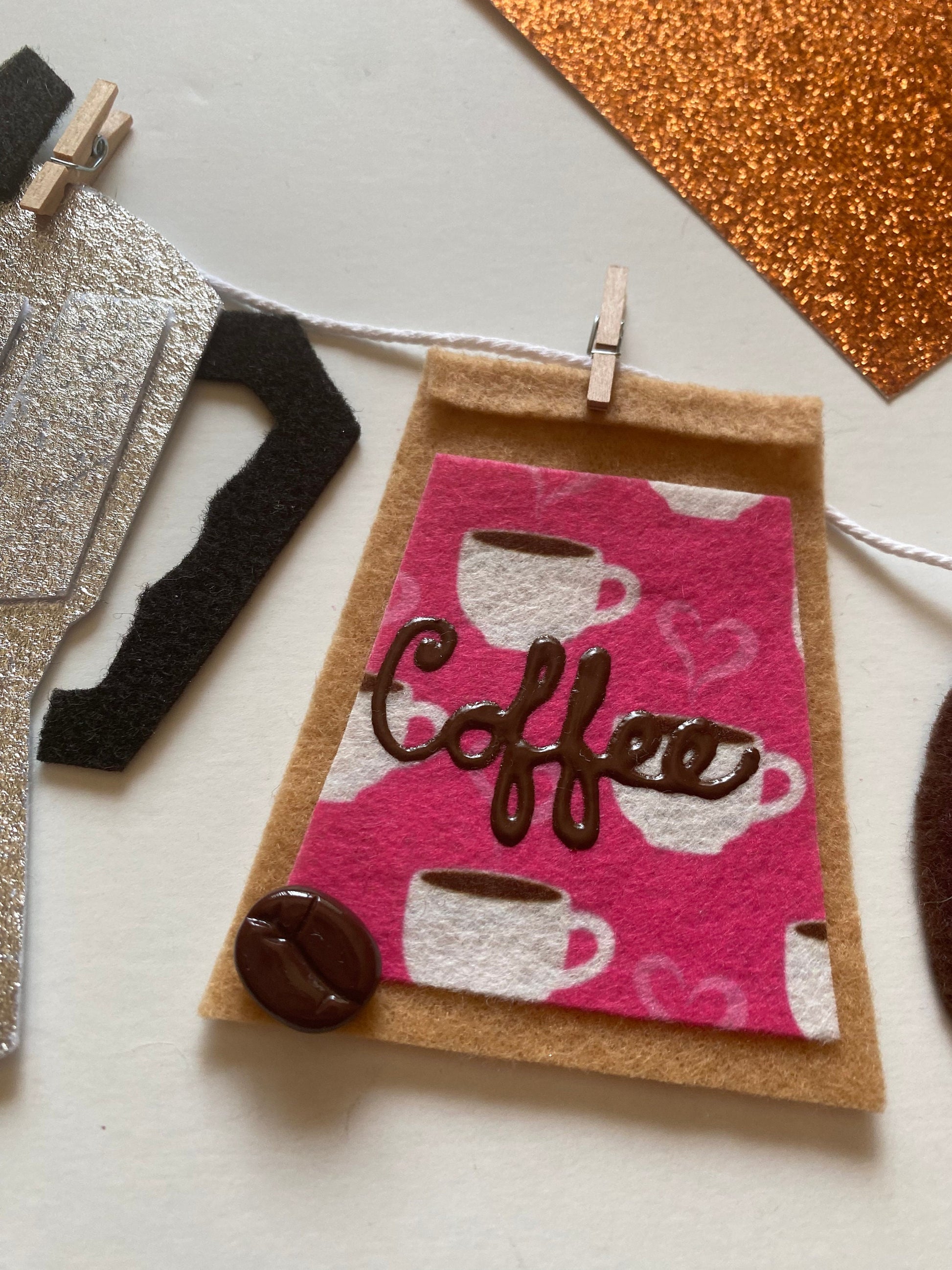 Coffee Lovers Banner, Miniature Felt Garland, Coffee Bean Bunting, Coffee Bar Wall Hanging Decoration