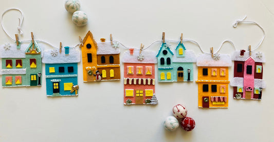 Snowy Winter Village Banner Garland Townhouses Bunting Wall Hanging Decoration for January