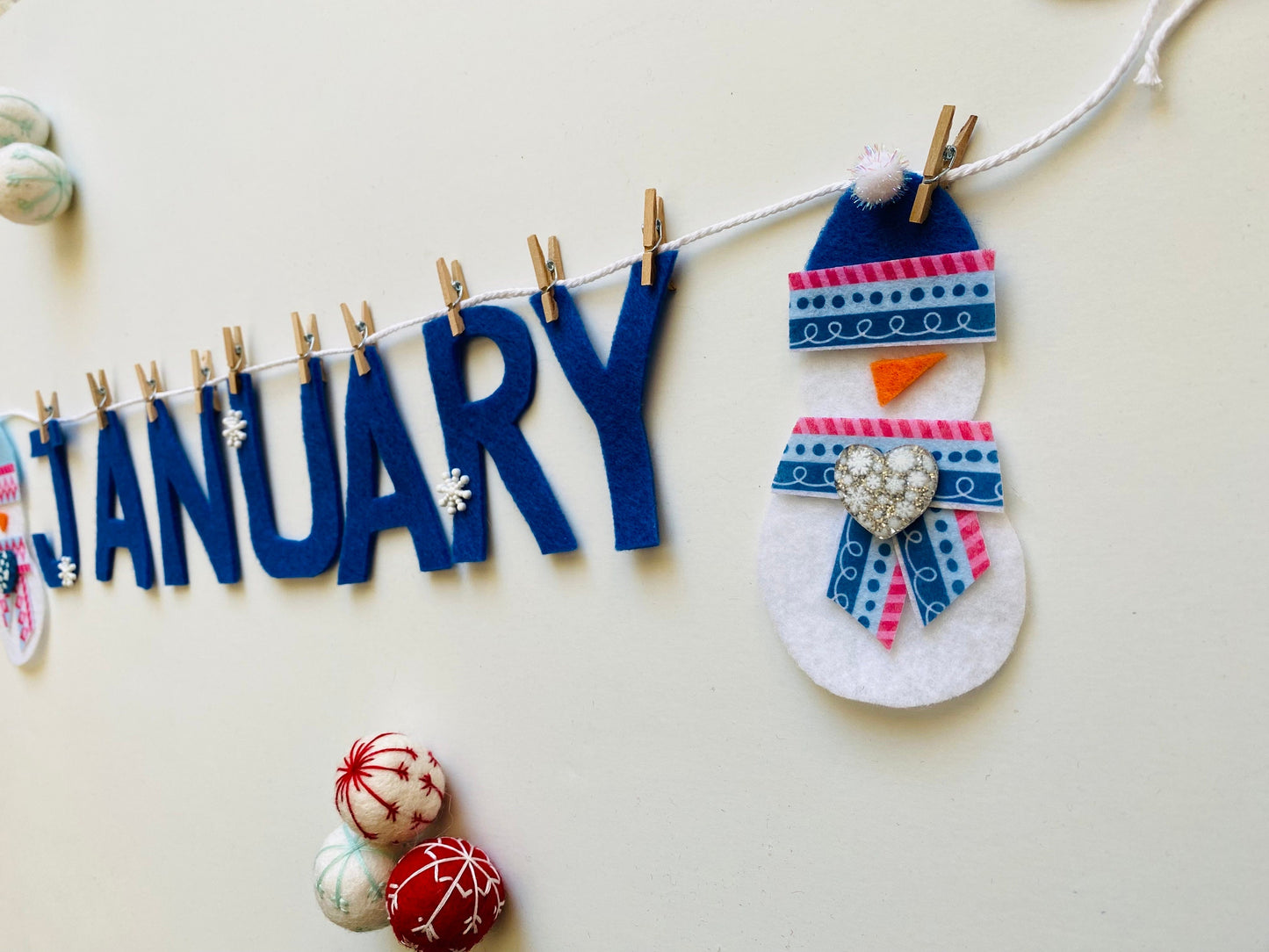 January Felt Miniature Clothesline Banner Snowman Garland Winter Bunting Wall Hanging Decoration for Bulletin Board