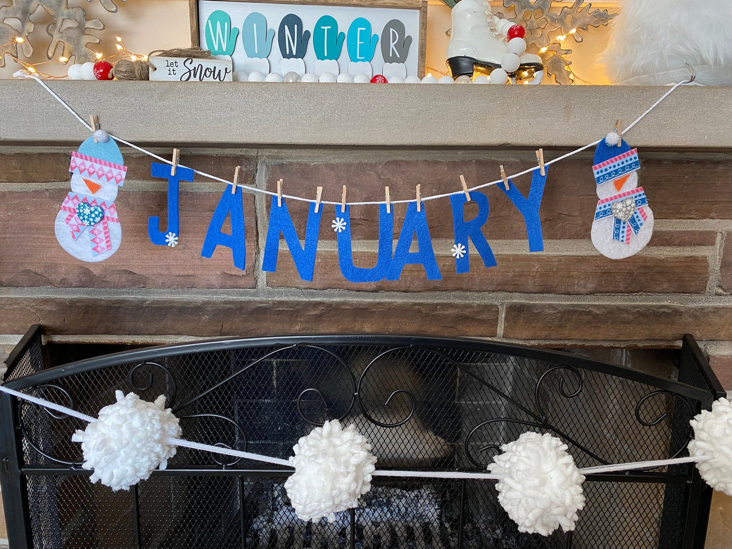 January Felt Miniature Clothesline Banner Snowman Garland Winter Bunting Wall Hanging Decoration for Bulletin Board