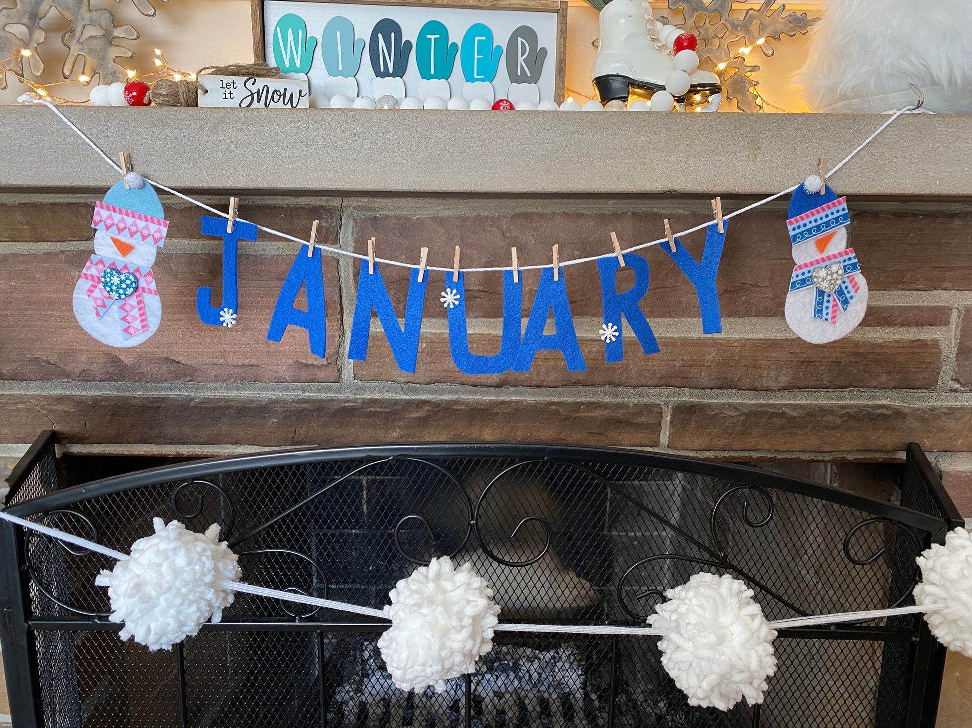 January Felt Miniature Clothesline Banner Snowman Garland Winter Bunting Wall Hanging Decoration for Bulletin Board