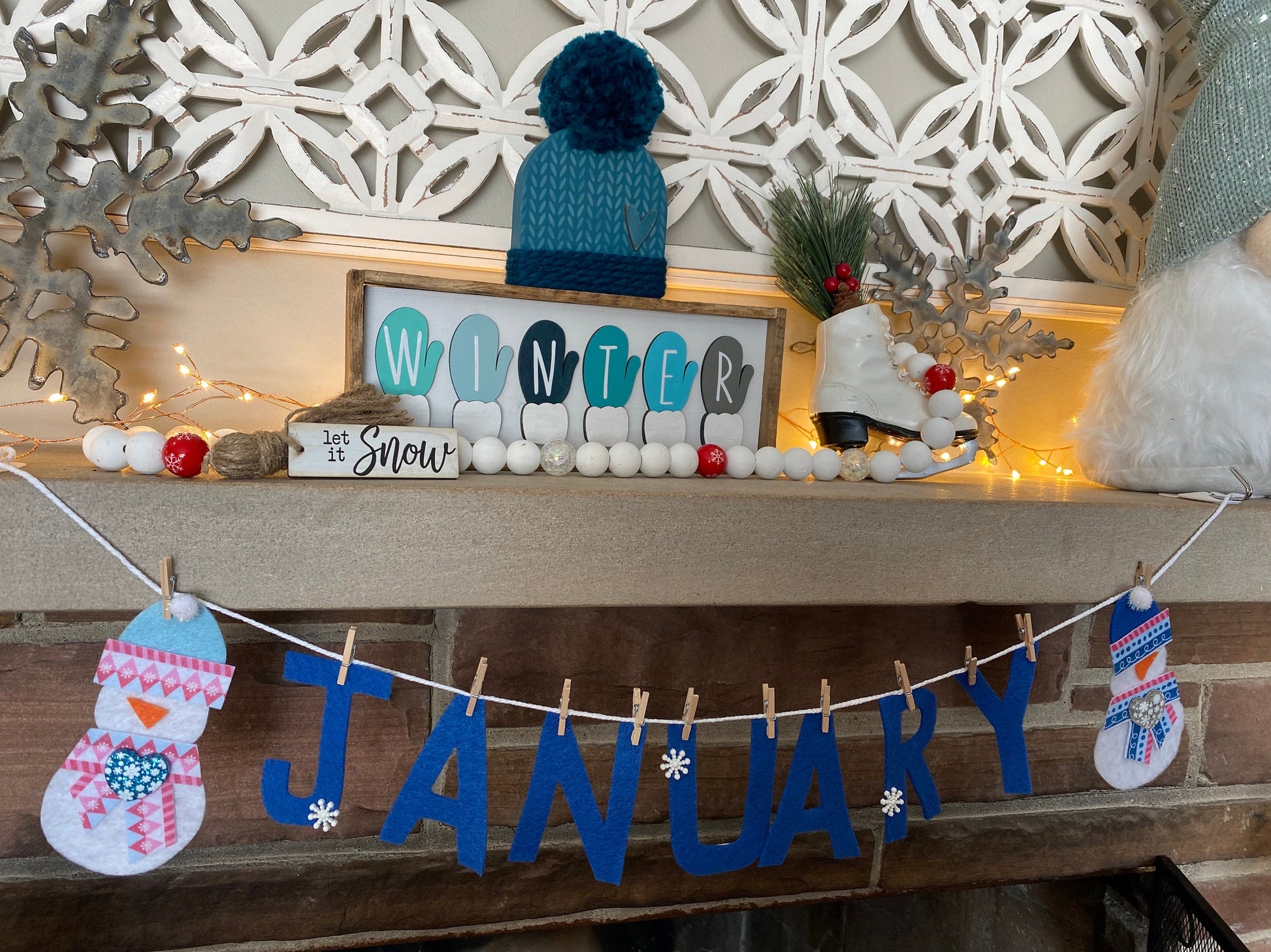 January Felt Miniature Clothesline Banner Snowman Garland Winter Bunting Wall Hanging Decoration for Bulletin Board