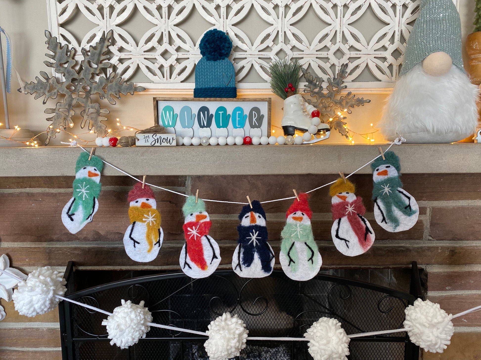 Snowmen Felted Banner Garland Bunting Wall Hanging Decoration for Winter or January
